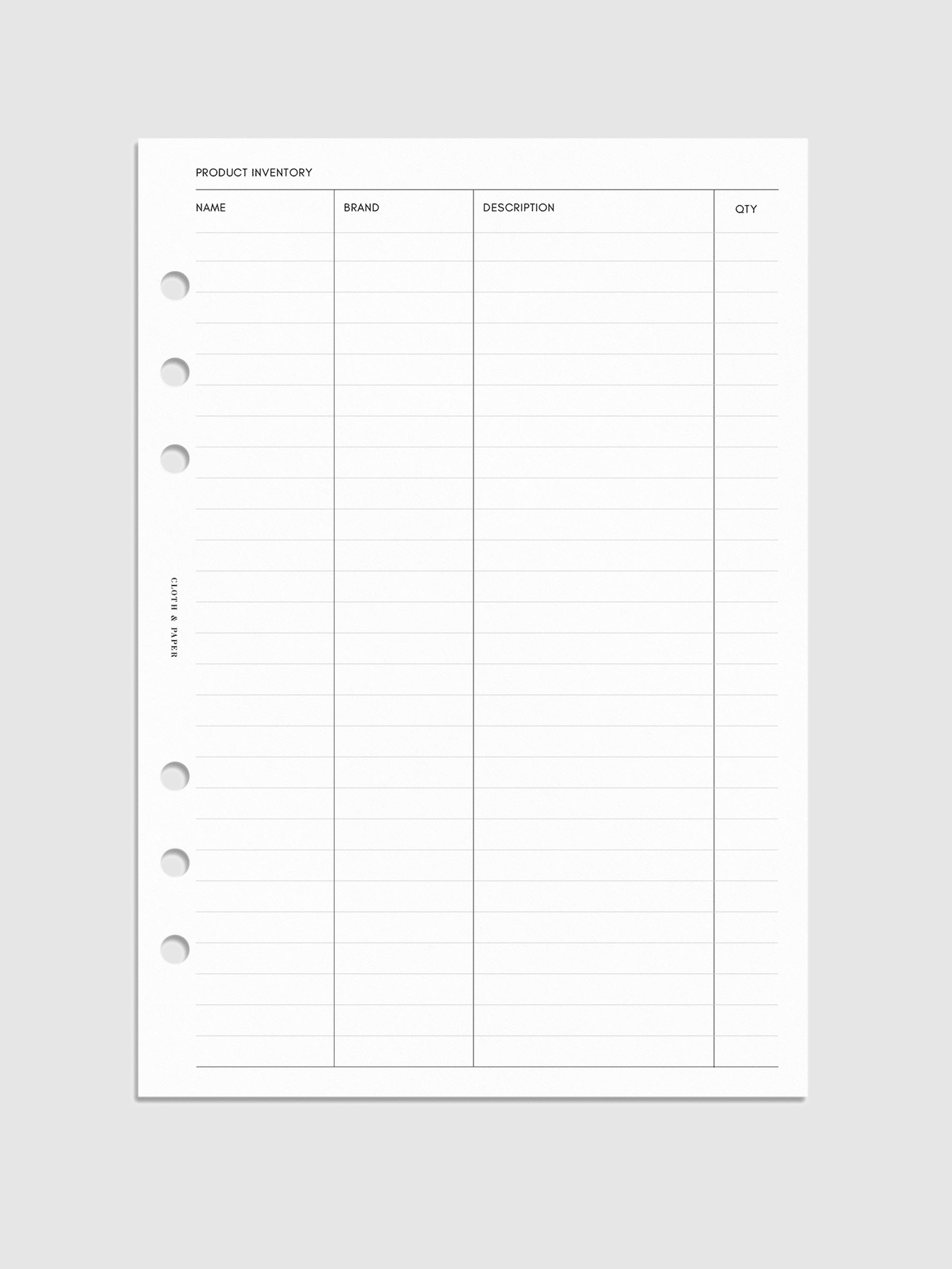 Digital mockup of inserts in A5 sizing. "Product Inventory List" is the page shown.