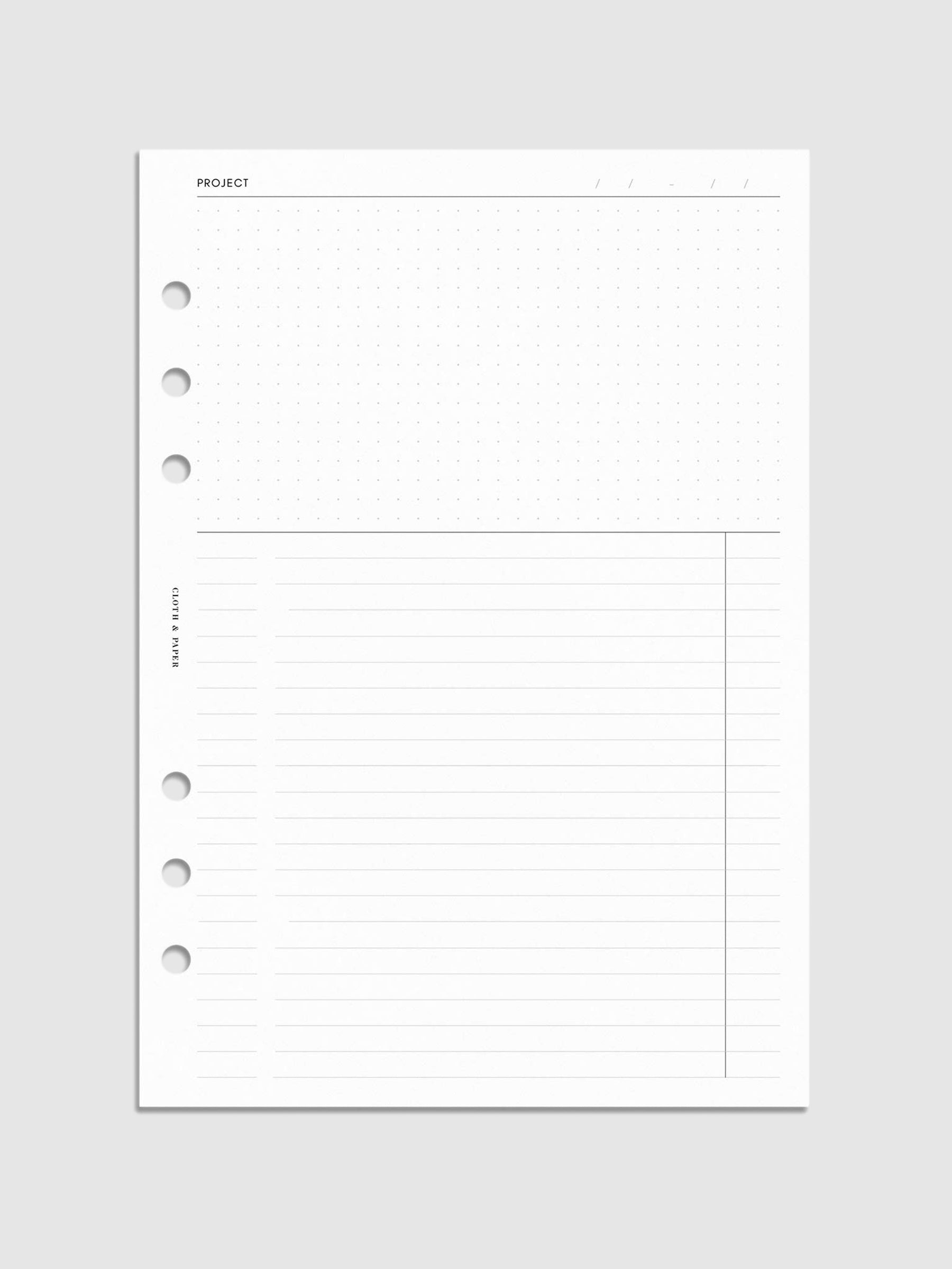 Project Management Inserts, Refreshed Layout, Cloth and Paper. Digital mockup of insert sized in A5.