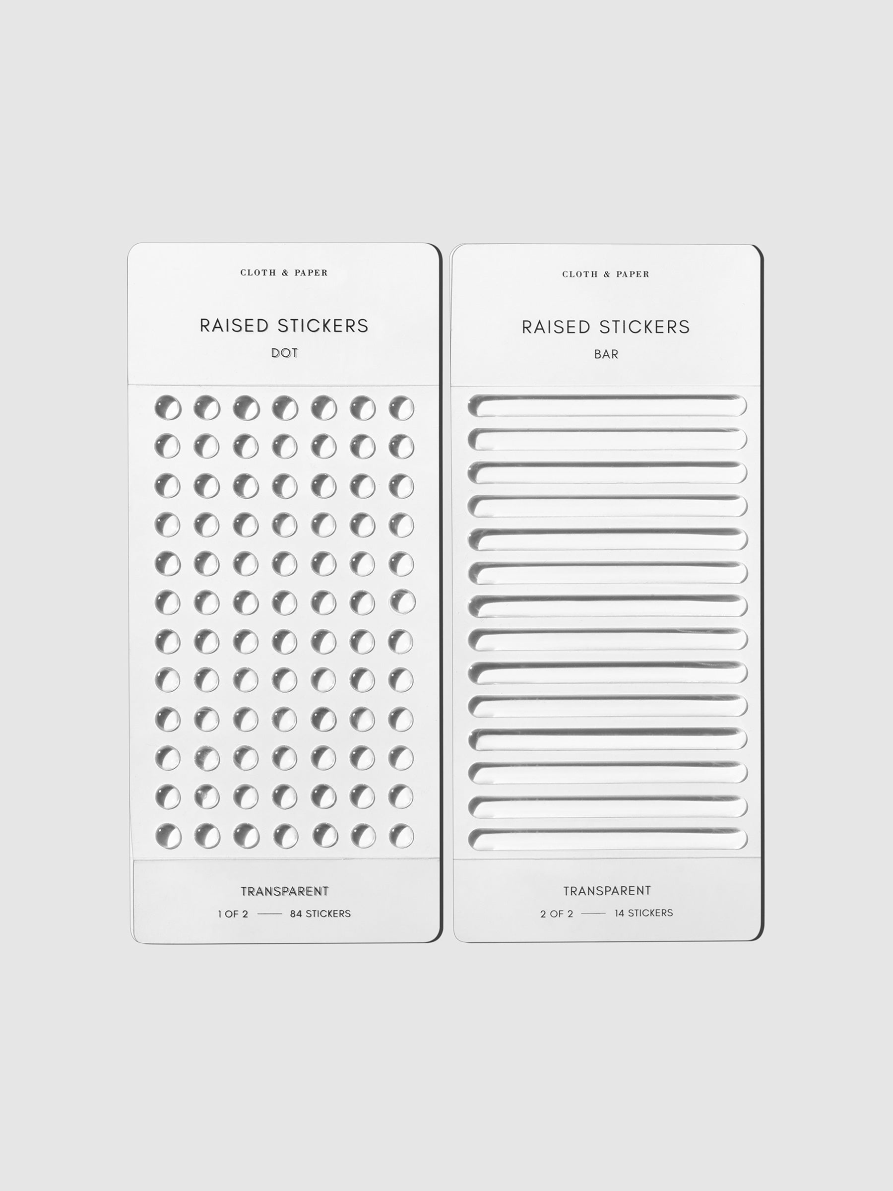 Raised Stickers, Cloth and Paper. Set of 2 sticker sheets displayed on a neutral background.
