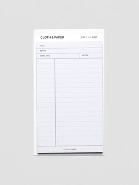 Black and white pad of sticky notes with fields for title, author, start date, rating, and notes section.