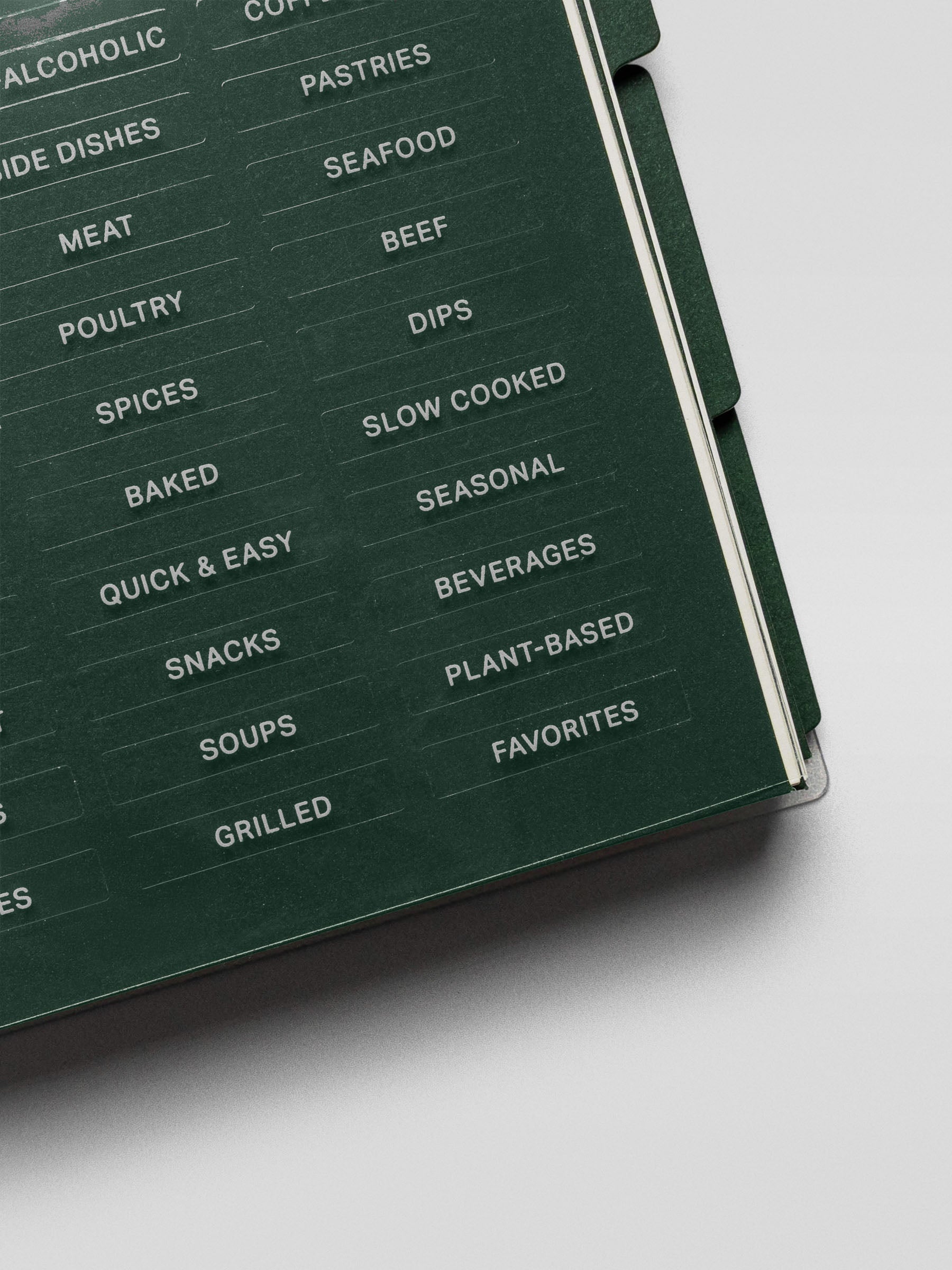 Close-up of the transparent label stickers in the Recipe Book System, showing categories like “Brunch,” “Desserts,” “Soups,” and more.