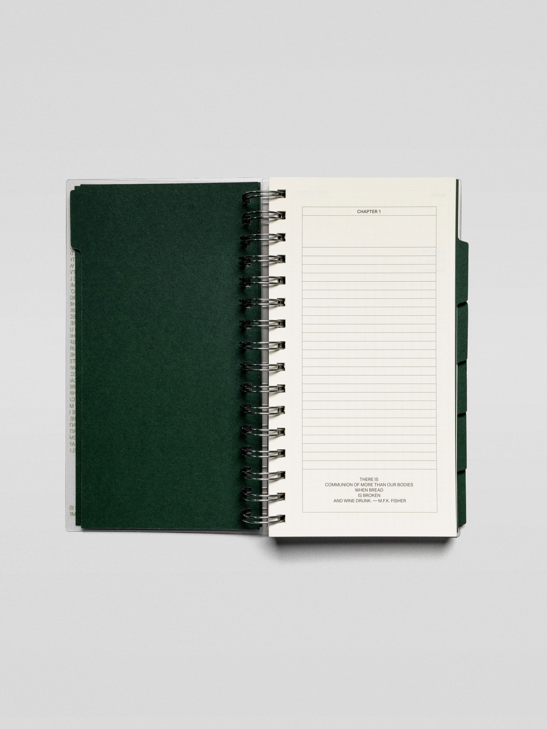 Open Recipe Book System showing a lined table of contents page titled "Chapter 1" with a quote printed at the bottom.