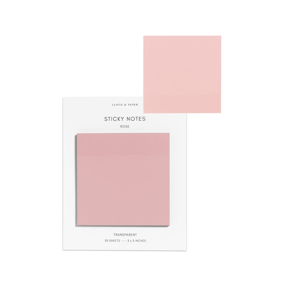 Sticky notes on their backing displayed on a white background. One sticky note is displayed on the corner of the backing to show its transparency. Color pictured is Rose.