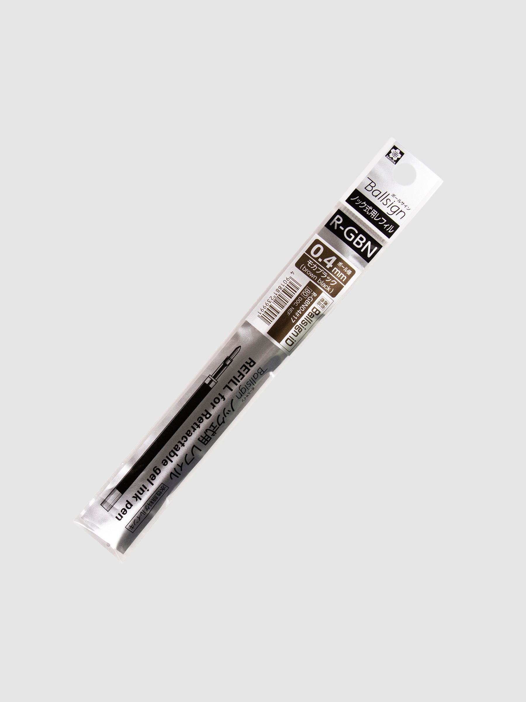 Sakura Ballsign iD Gel Ink Refill, 0.4 mm, Cloth and Paper. Brown black ink refill in its packaging turned slightly to the right against a neutral background.