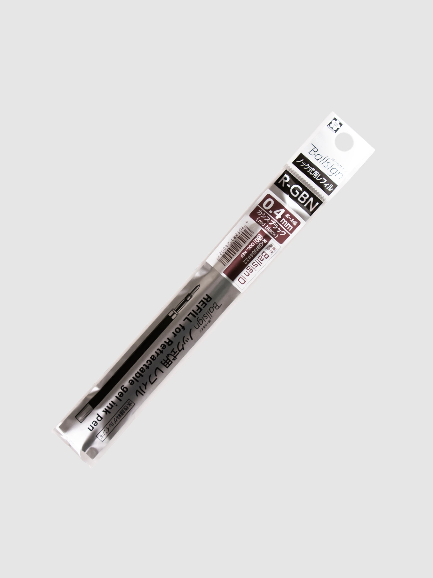Sakura Ballsign iD Gel Ink Refill, 0.4 mm, Cloth and Paper. Red black ink refill in its packaging turned slightly to the right against a neutral background.