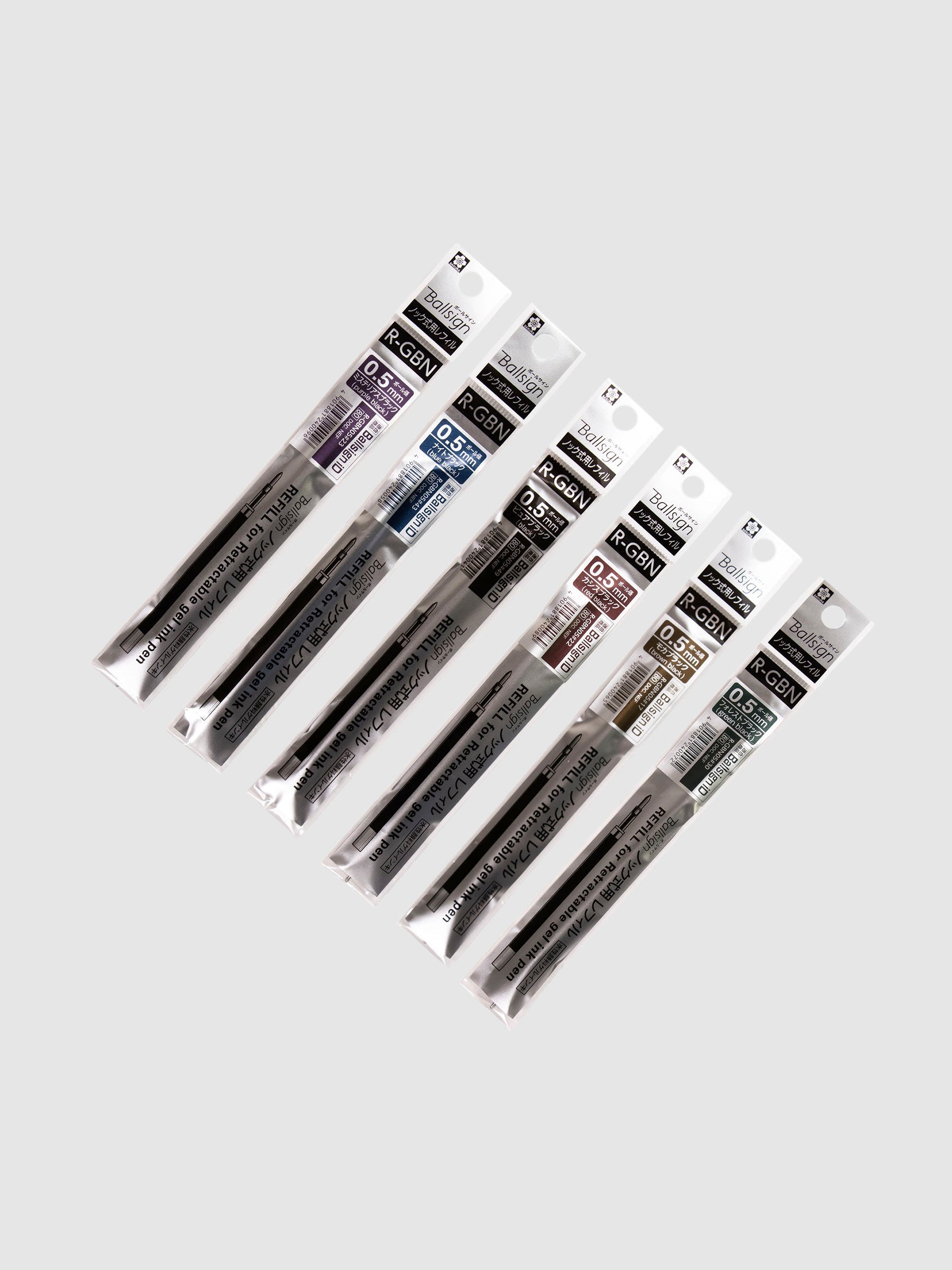 Sakura Ballsign iD Gel Ink Refill, 0.5 mm, Cloth and Paper. All six colors of refills in their packaging, lined up next to each other, turned slightly to the right against a neutral background.