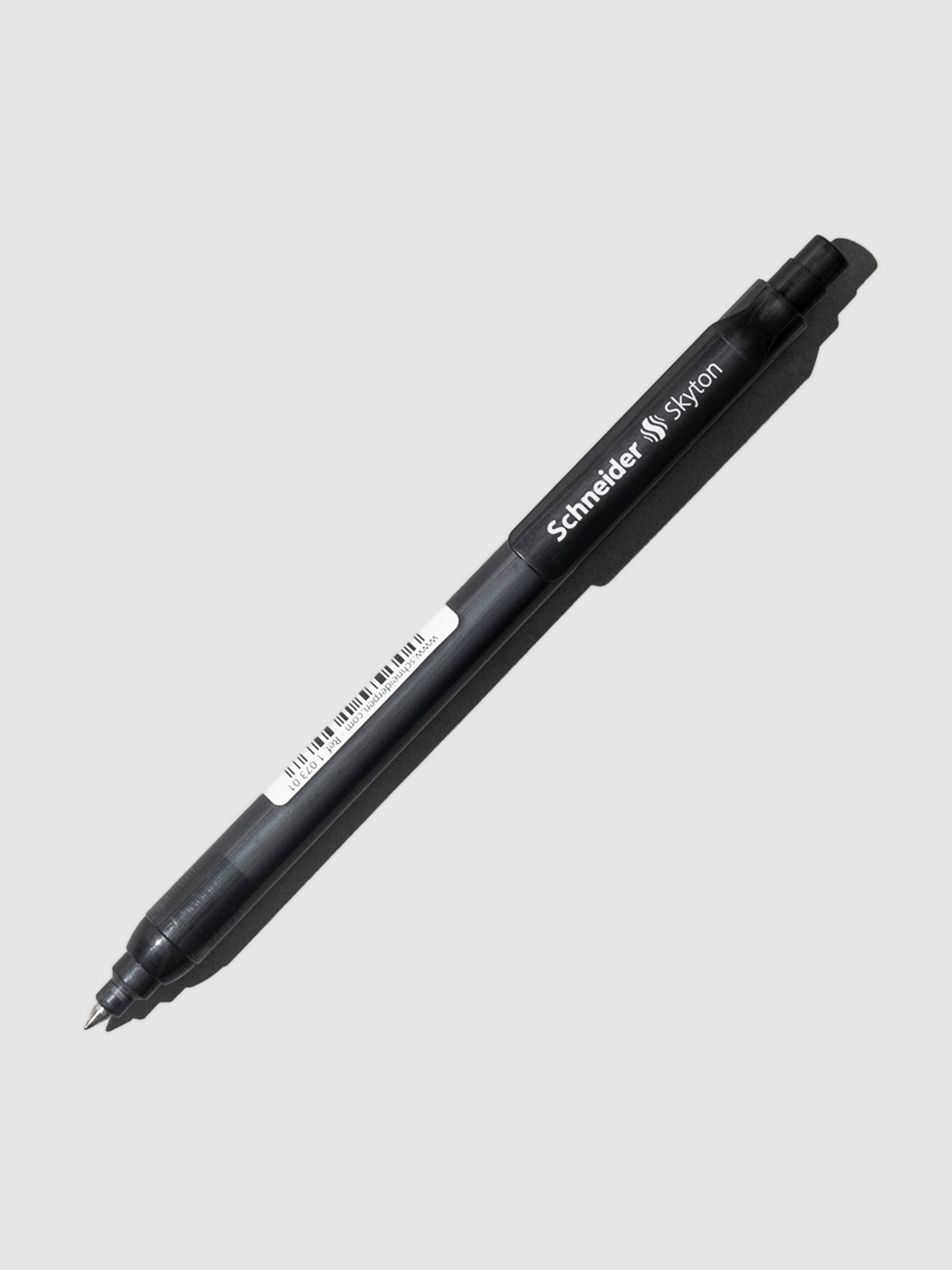 Image shows a black gel pen with the cap removed.