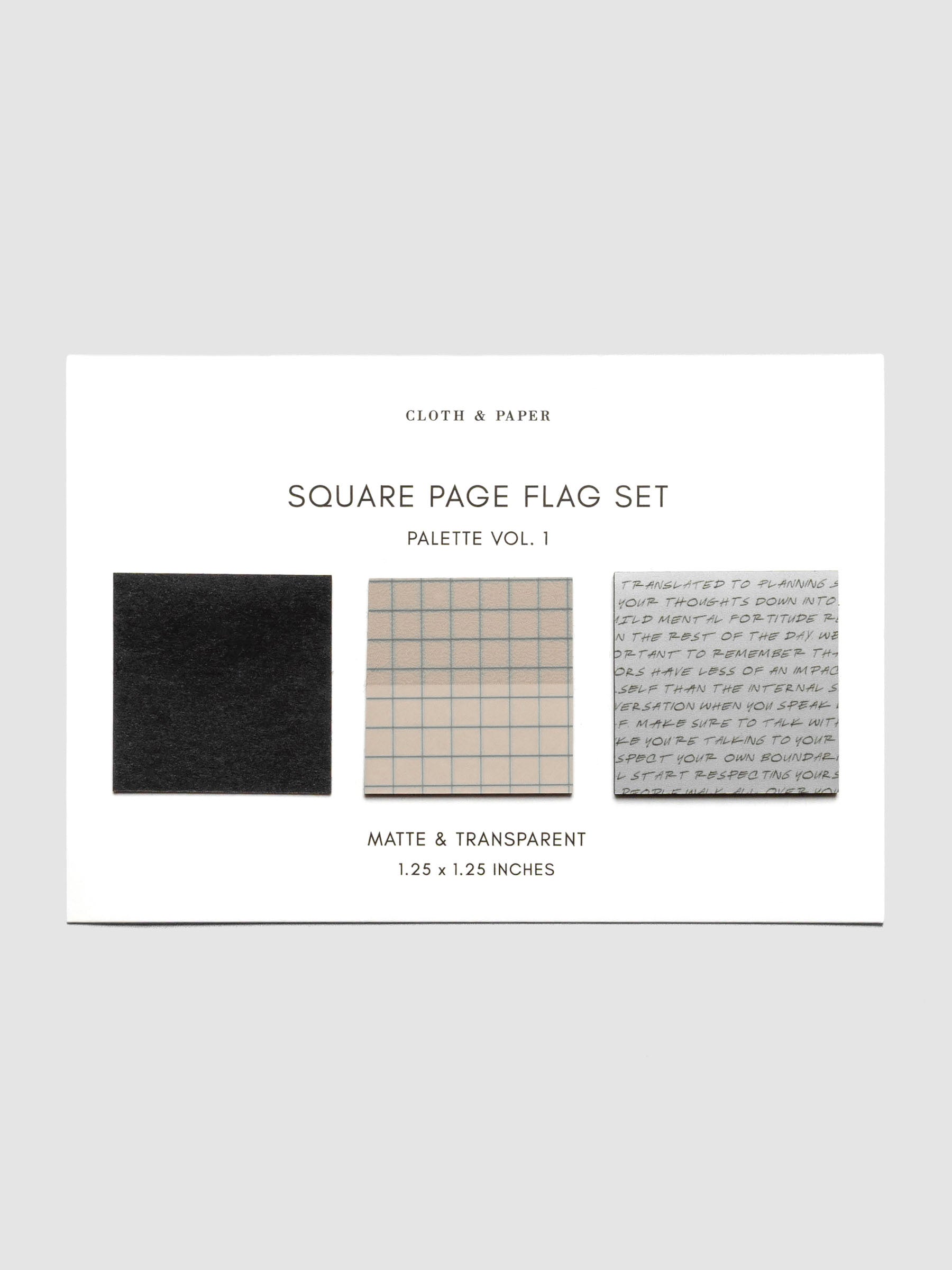 Set of three patterns of Square Page Flags on a white backing card.