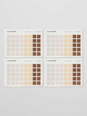 Four sticker sheets of Square Stickers Vol. 1 featuring soft pinks, creams, yellows, and rich brown shades in a color gradient.
