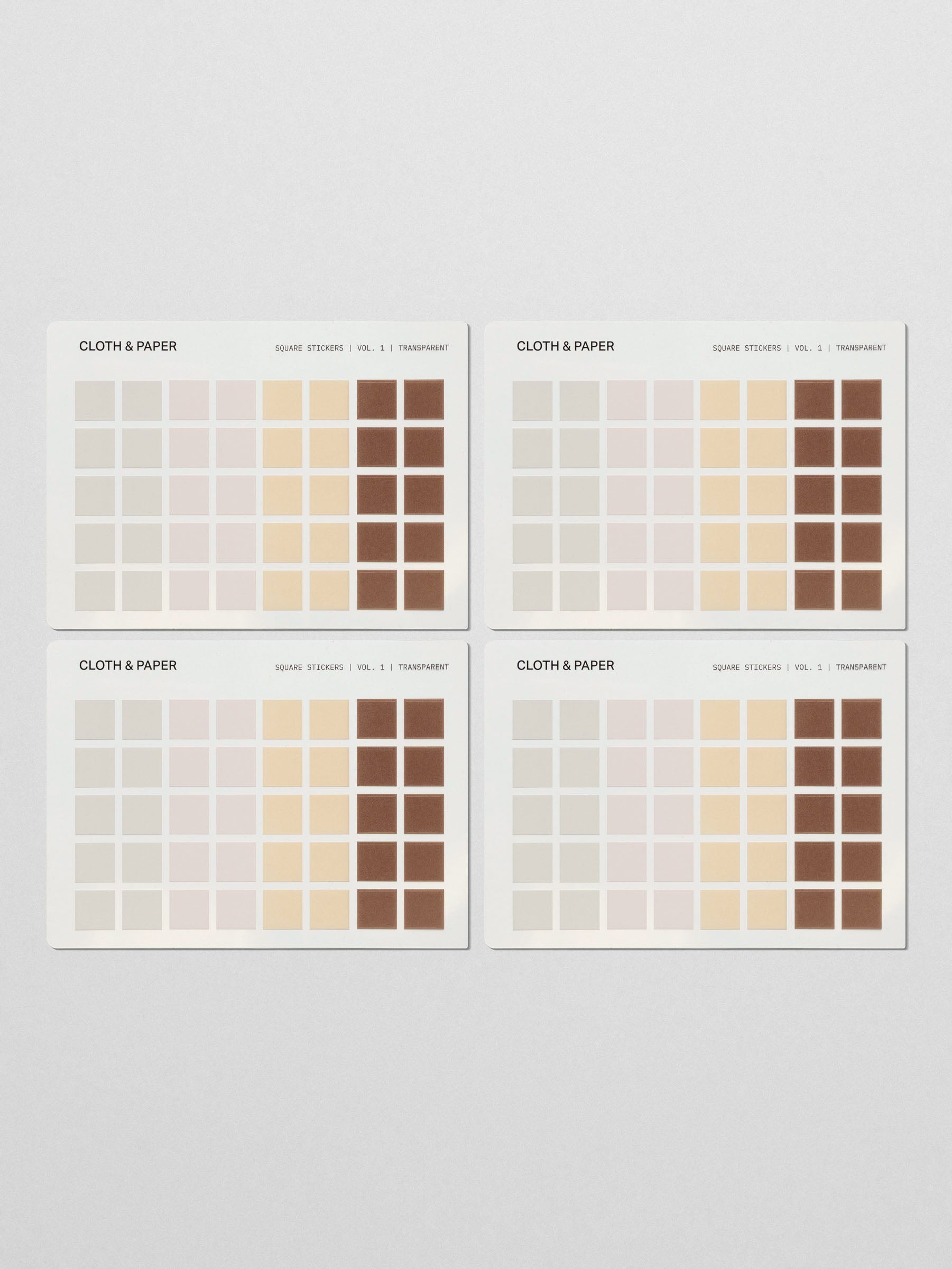 Four sticker sheets of Square Stickers Vol. 1 featuring soft pinks, creams, yellows, and rich brown shades in a color gradient.