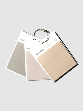 Sticky Note Swatches, Cloth and Paper. Earl Grey, Ibiza, and Angora sticky notes clipped together with a metal ring on a neutral background.