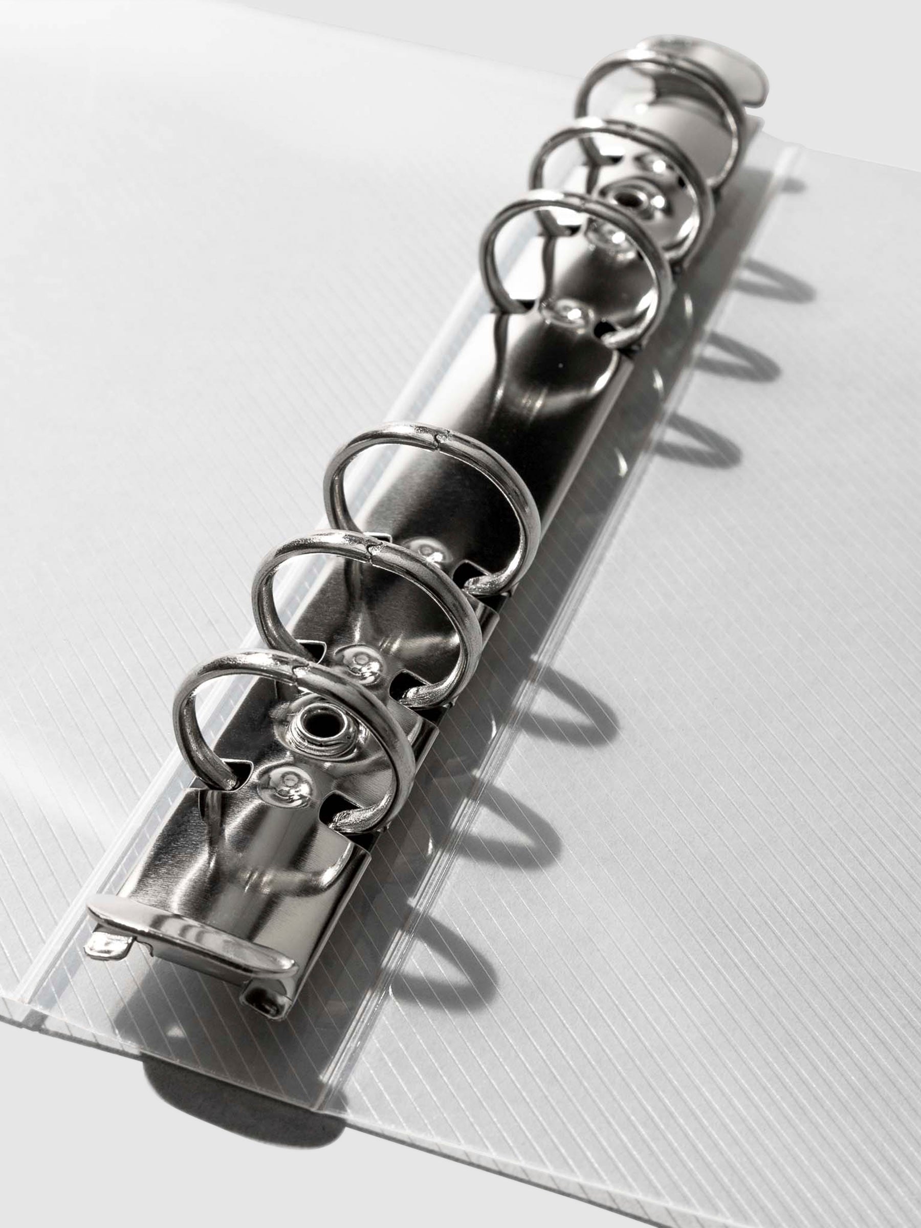 Close up of the silver 6-ring binding in the Textured Plastic Binder A5.