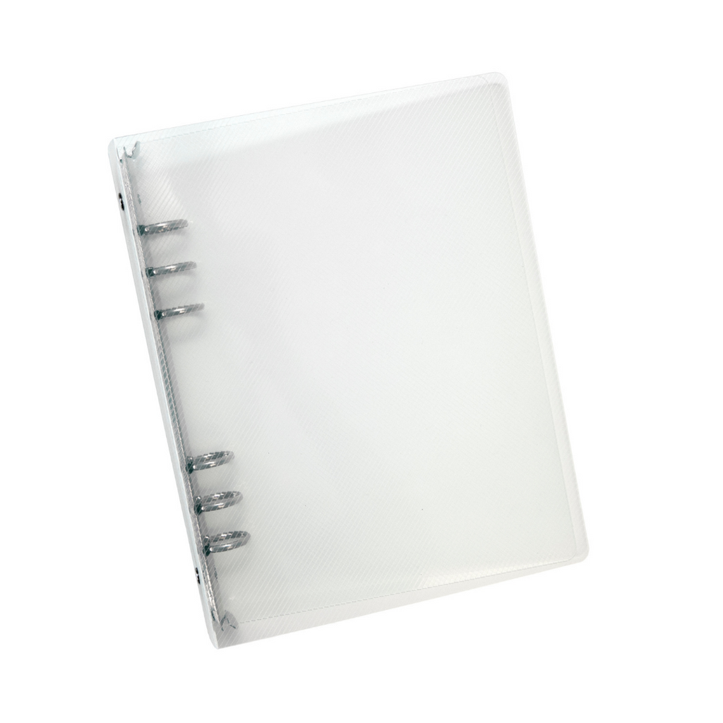 Textured Plastic Binder, A5, Cloth & Paper. Closed transparent binder on a white background tilted slightly to the left.
