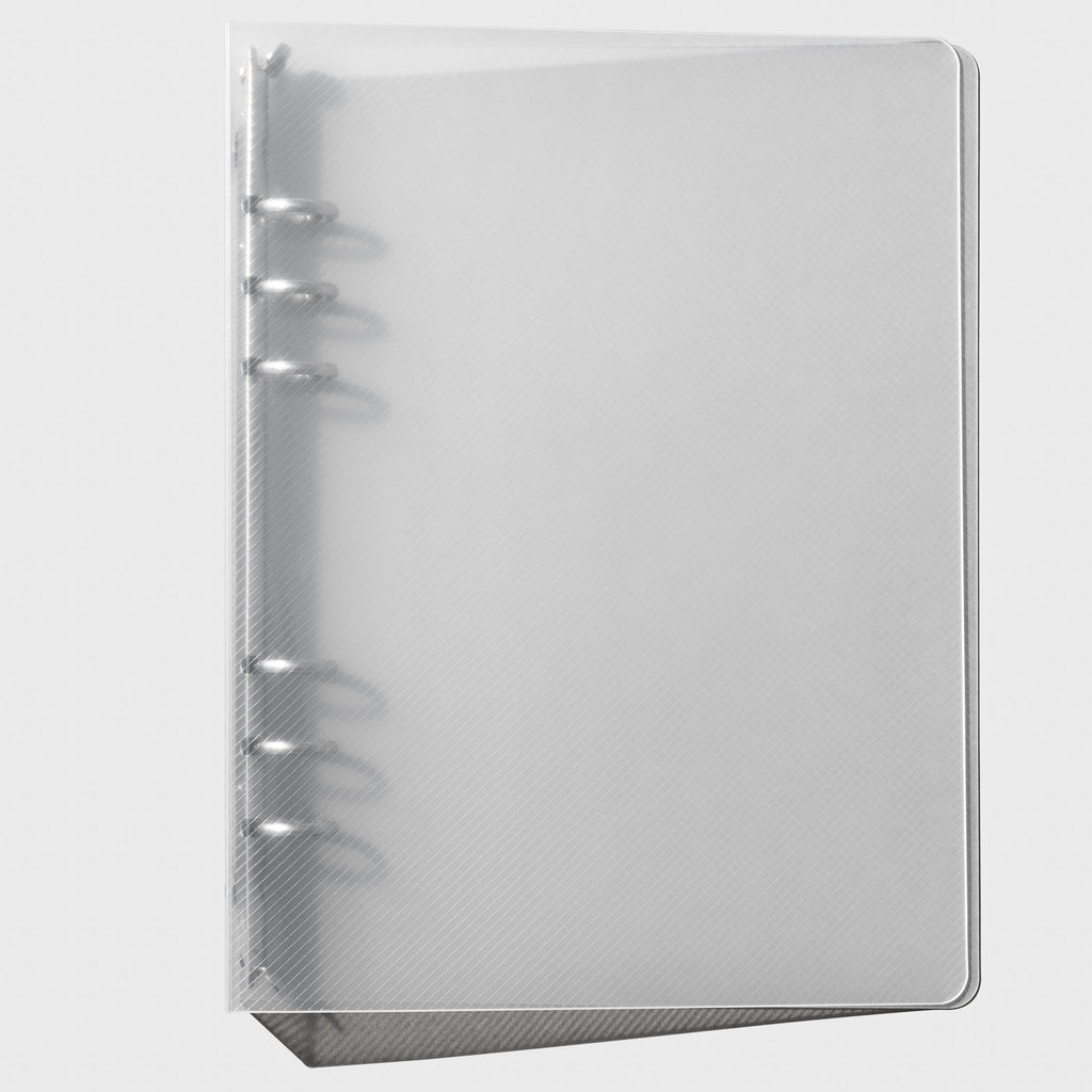Textured Plastic Binder, A5, Cloth & Paper. Closed transparent binder on a white background.