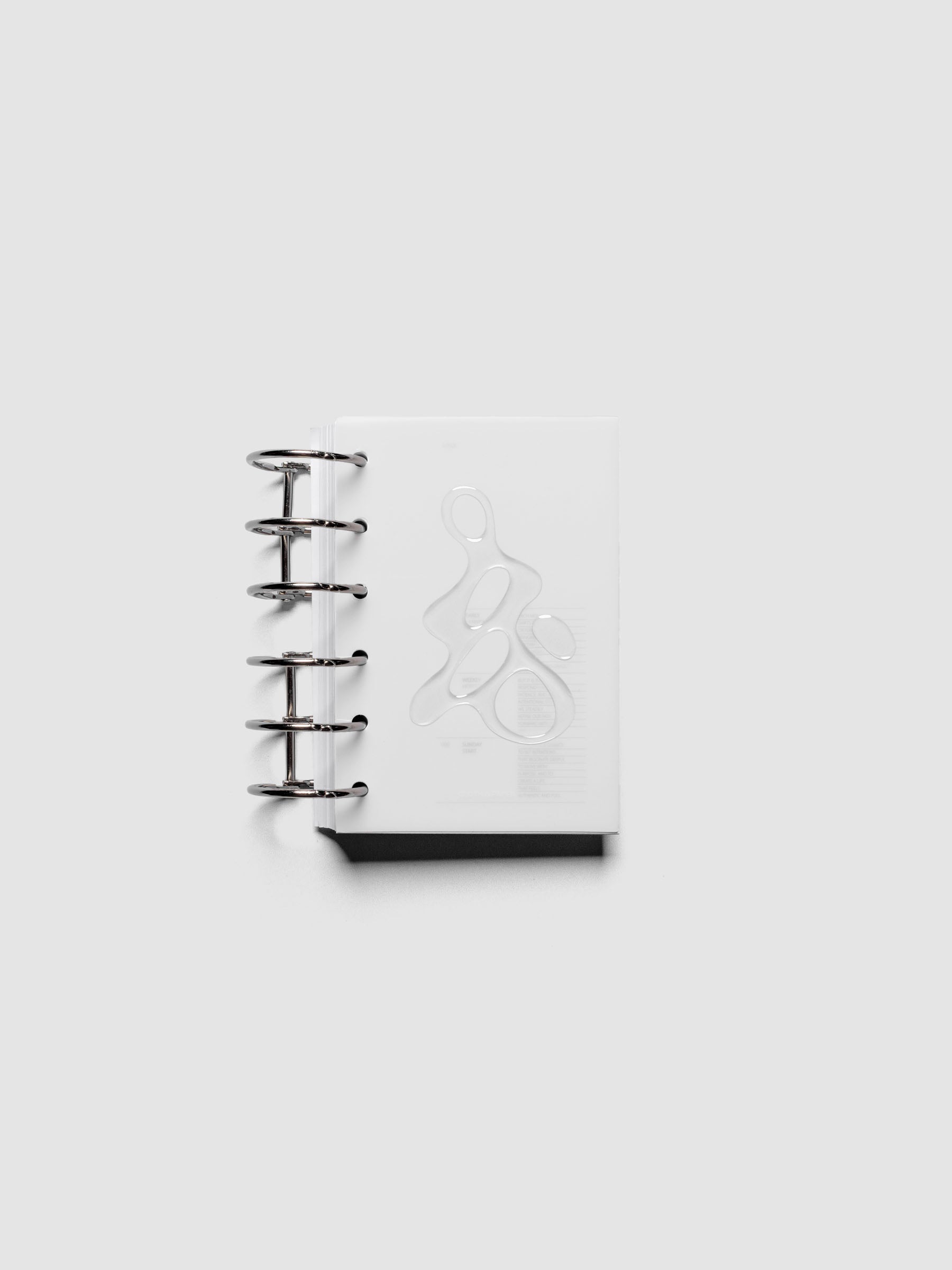 Light grey, semi-transparent, and glossy plastic planner dashboard with organic raised shape design in size pocket shown ringbound.