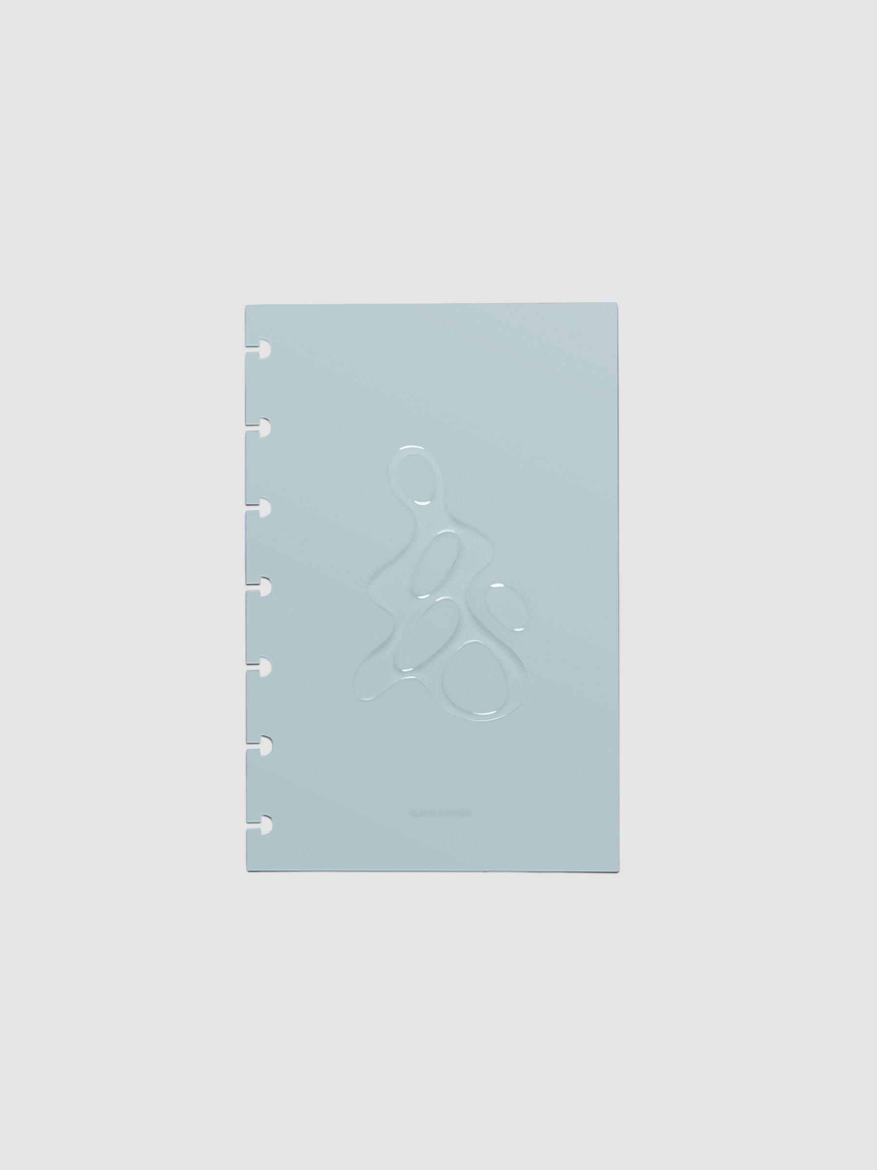 Light blue, semi-transparent, and glossy plastic planner dashboard with organic raised shape design in size HP Mini on a neutral background.