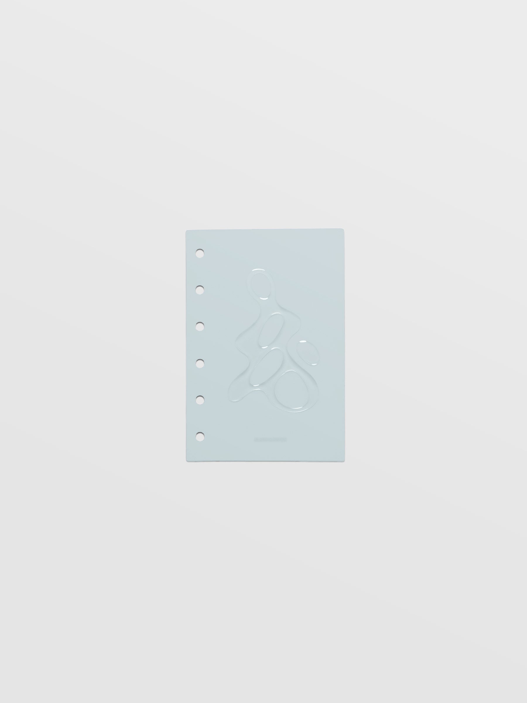 Light blue, semi-transparent, and glossy plastic planner dashboard with organic raised shape design in size Pocket on a neutral background.