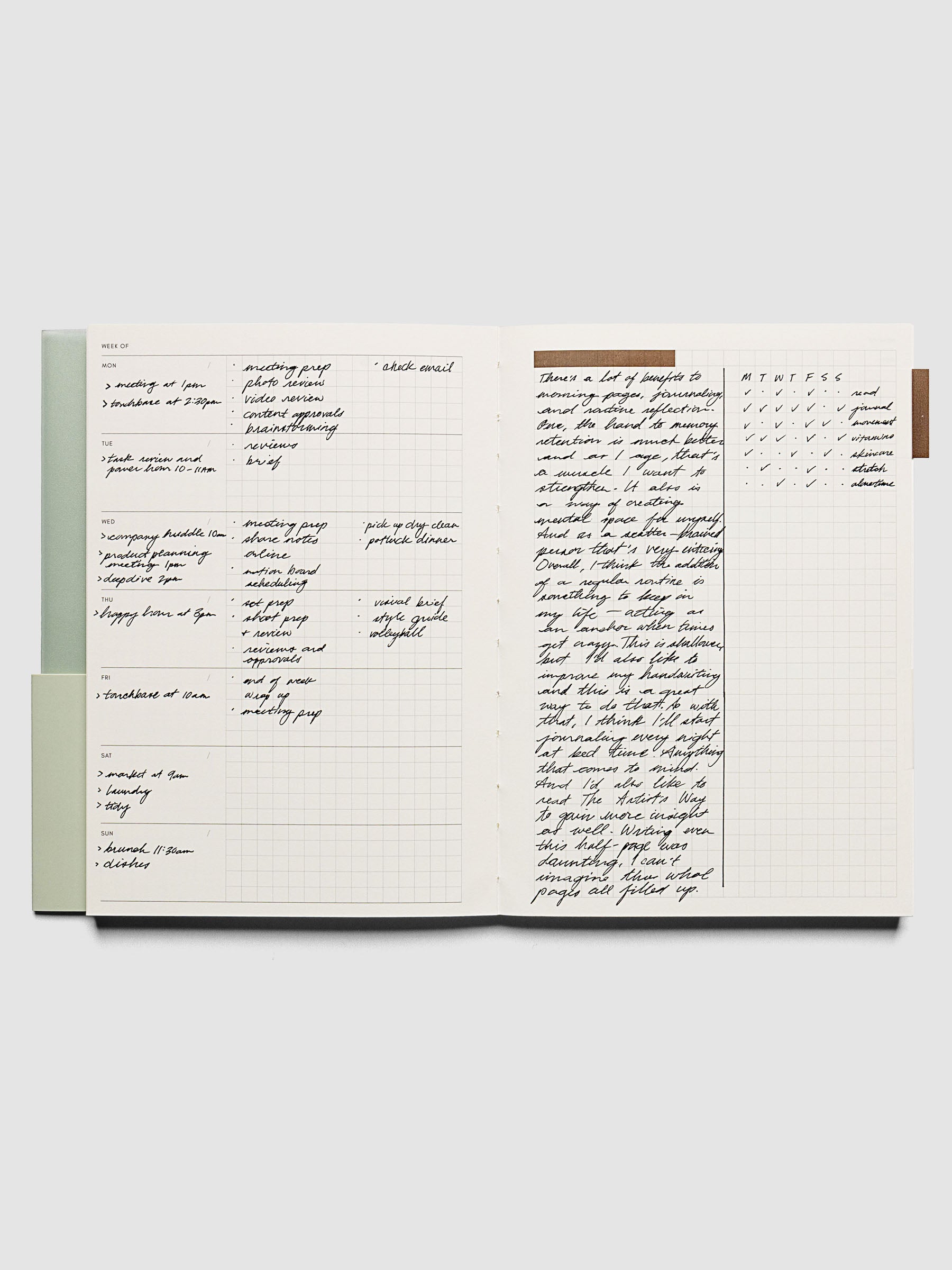 Perfect Bound Notebook | A5 | Weekly Agenda | Matcha shown open with handwritten examples of how to utilize the layouts.