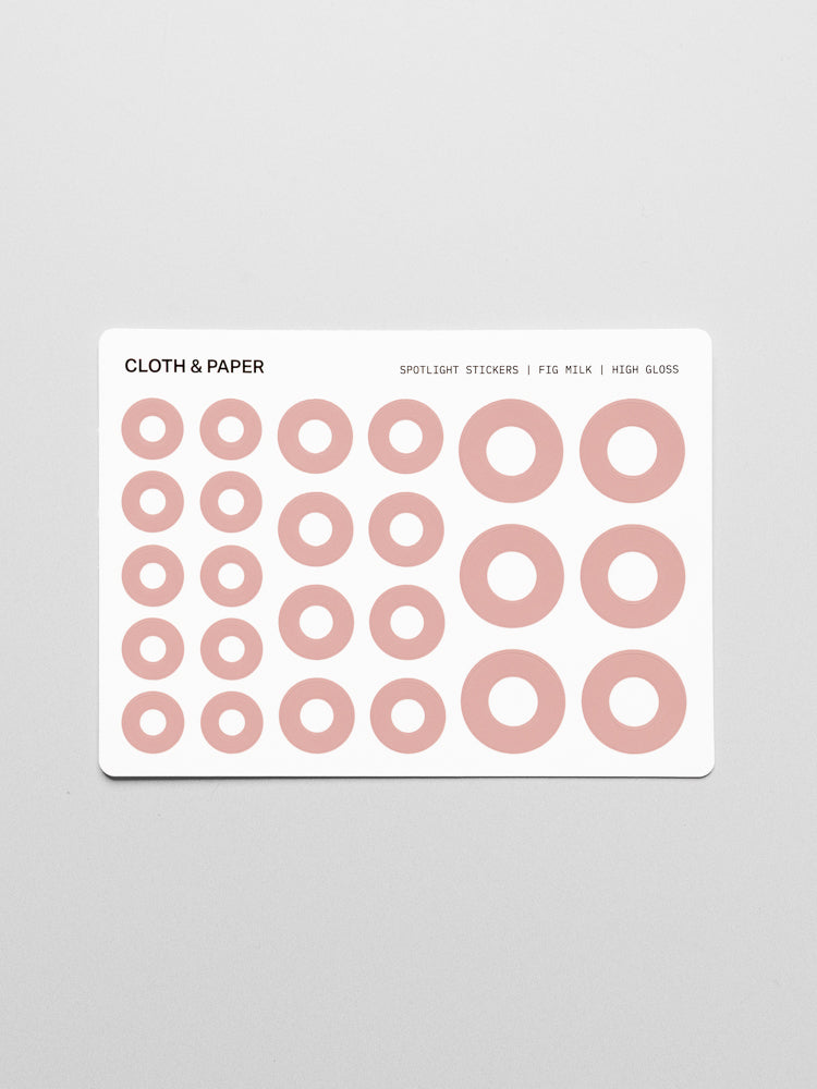 One sticker sheet of pink, high-gloss spotlight stickers in small, medium, and large sizes.