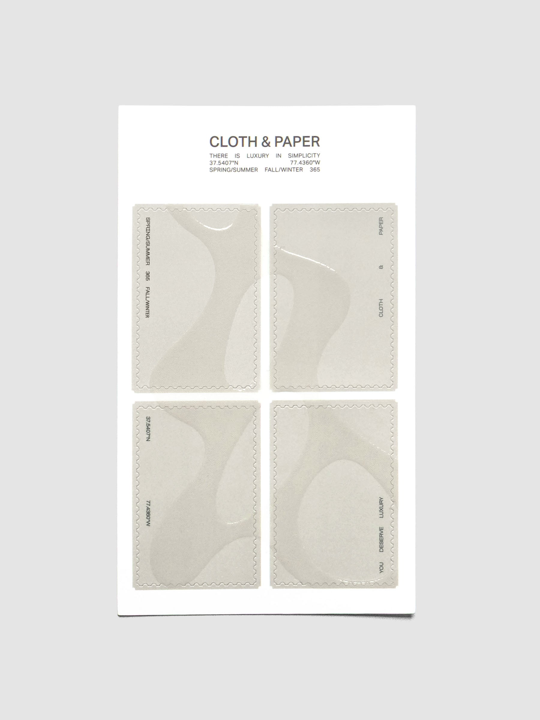 One sheet of four stamp shaped stickers in off-white with a gloss organic shape design.