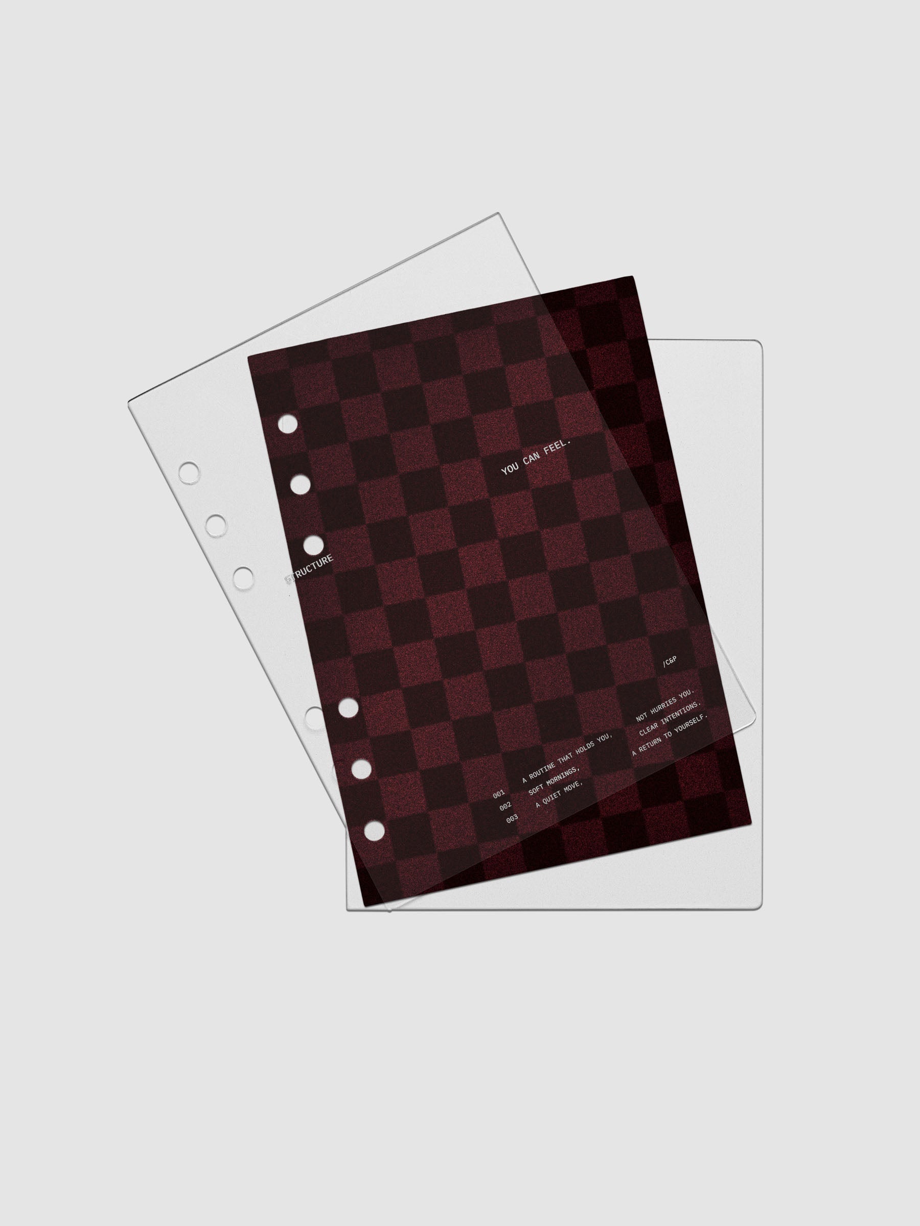 Personal Wide sized velvet checkered dashboard in the color Bordeaux in between two crystal clear plastic planner covers with text printed on the cover on the theme of structure and routines.
