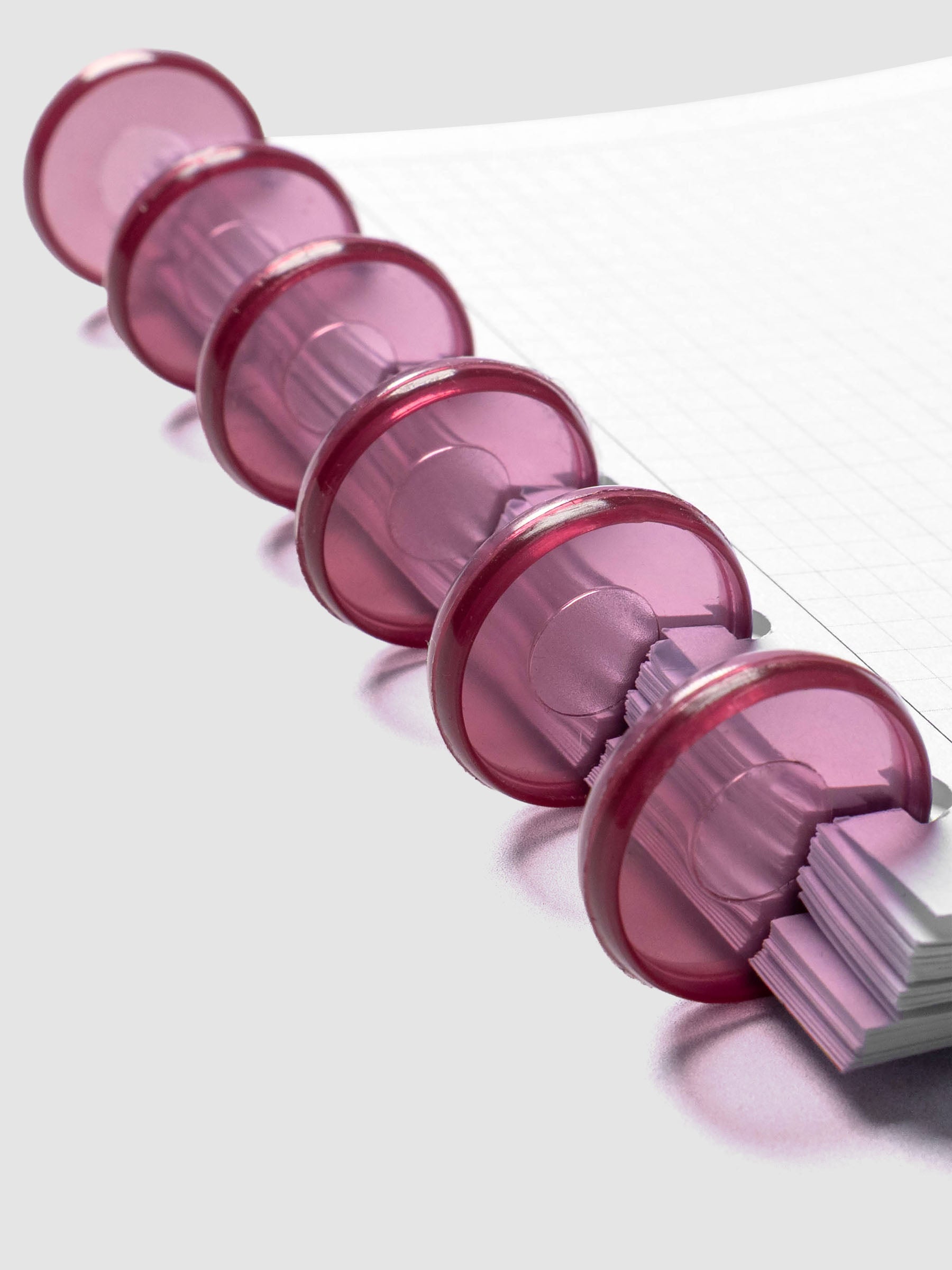 Planner Inserts in size CP Petite fitted onto Transparent Planner Discs | Bordeaux in size 1 in shown at an angle.