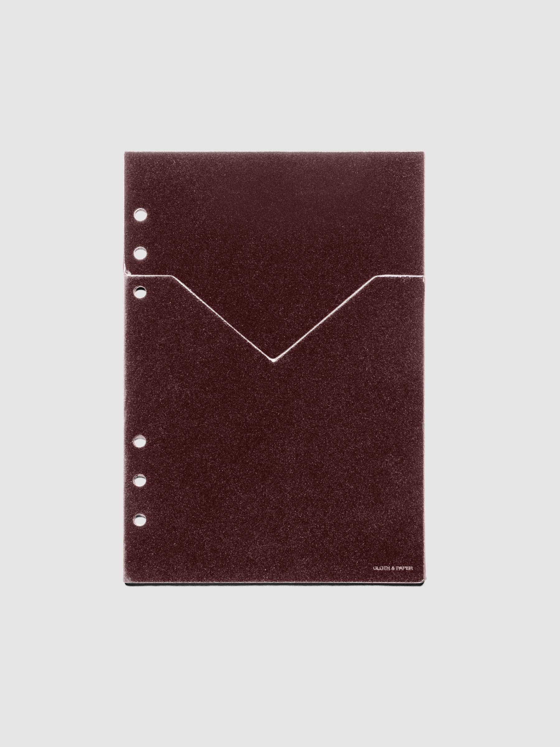 Velvet Pocket Folder in Bordeaux pre-punched for A5 planners.