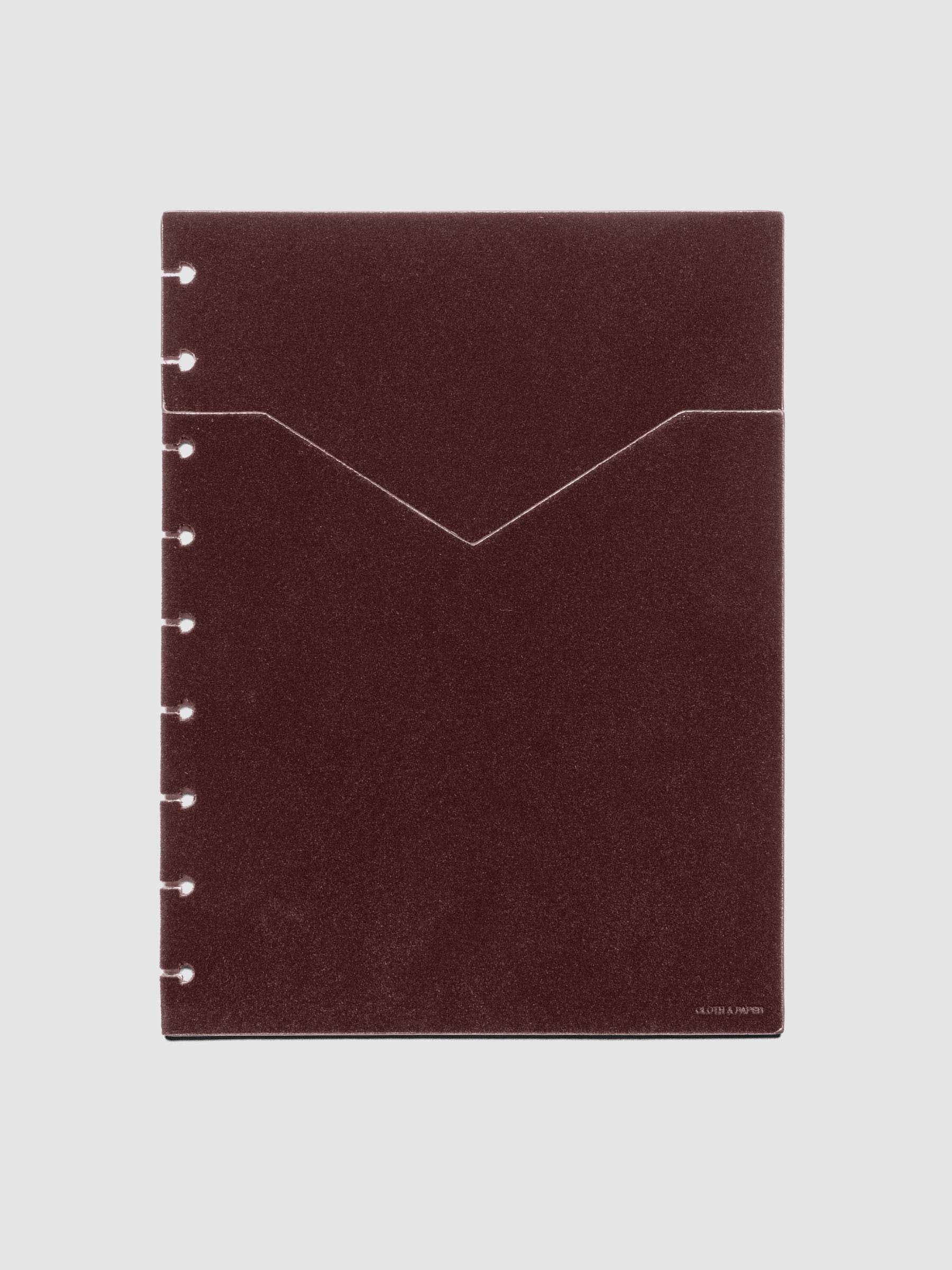 Velvet Pocket Folder in Bordeaux pre-punched for HP Classic planners.