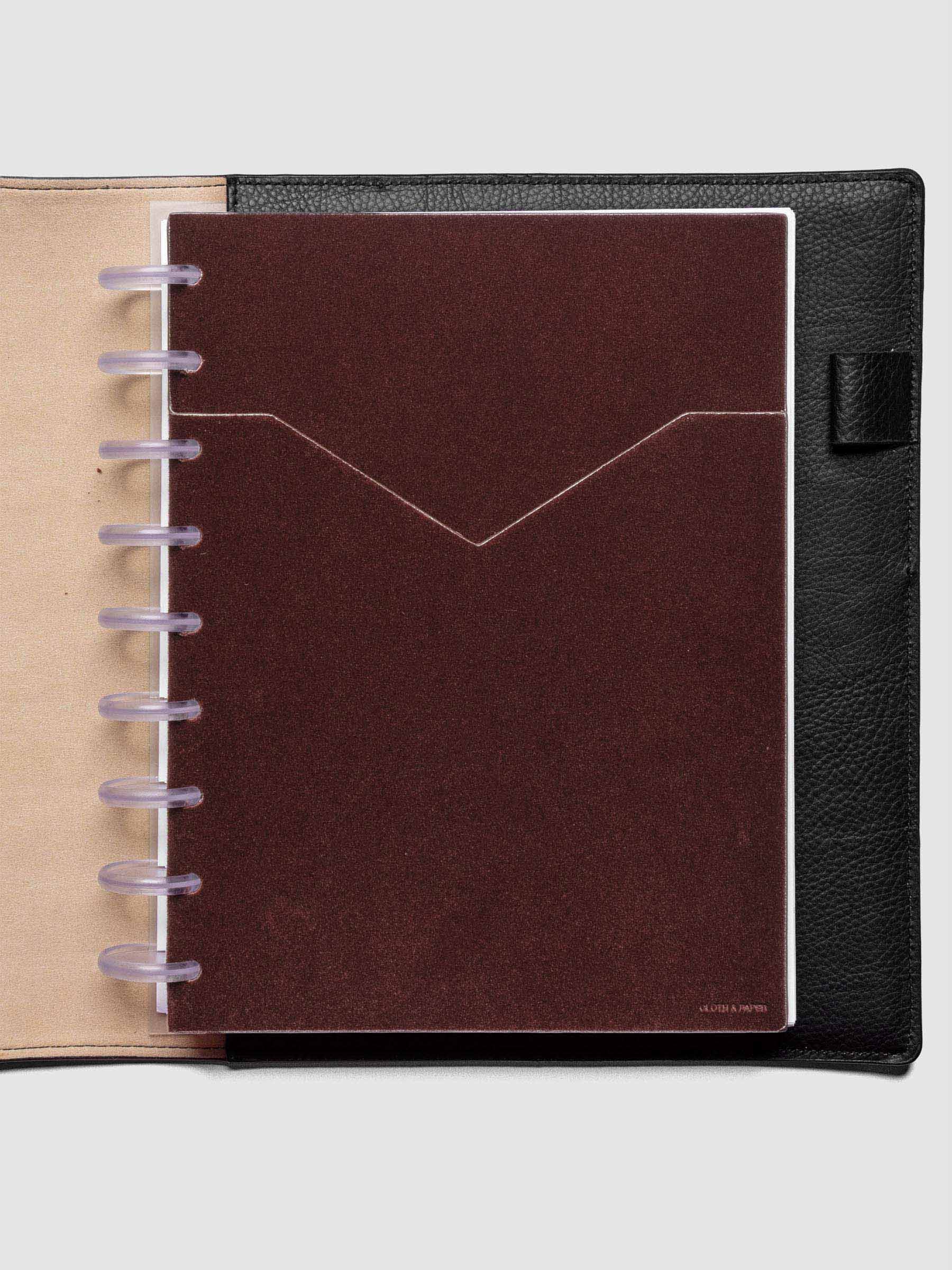 Velvet Pocket Folder in Bordeaux pre-punched for HP Classic planners shown in a black leather folio.