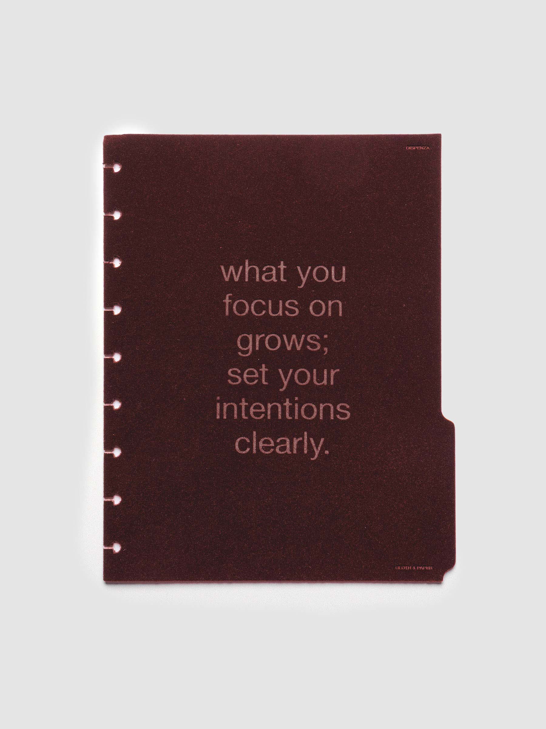 Third velvet side tab planners dividers in the color Bordeaux with text deboss design reading "what you focus on grows; set your intentions clearly" in size HP Classic.