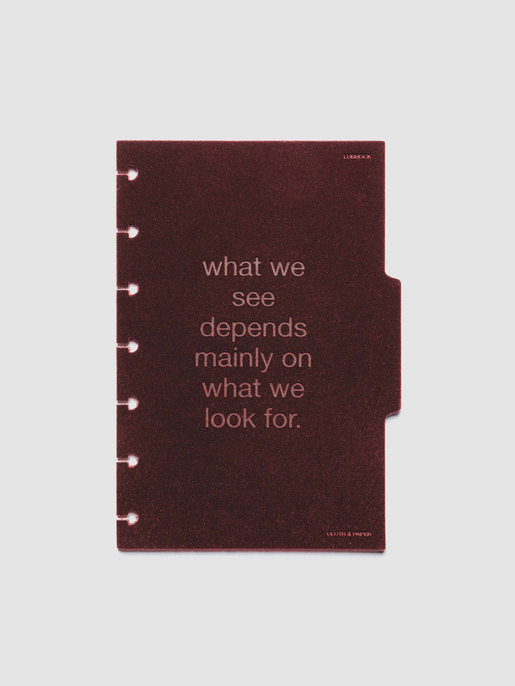 Second velvet side tab planners dividers in the color Bordeaux with text deboss design reading "allow yourself to be surprised by the process" in size HP Mini.