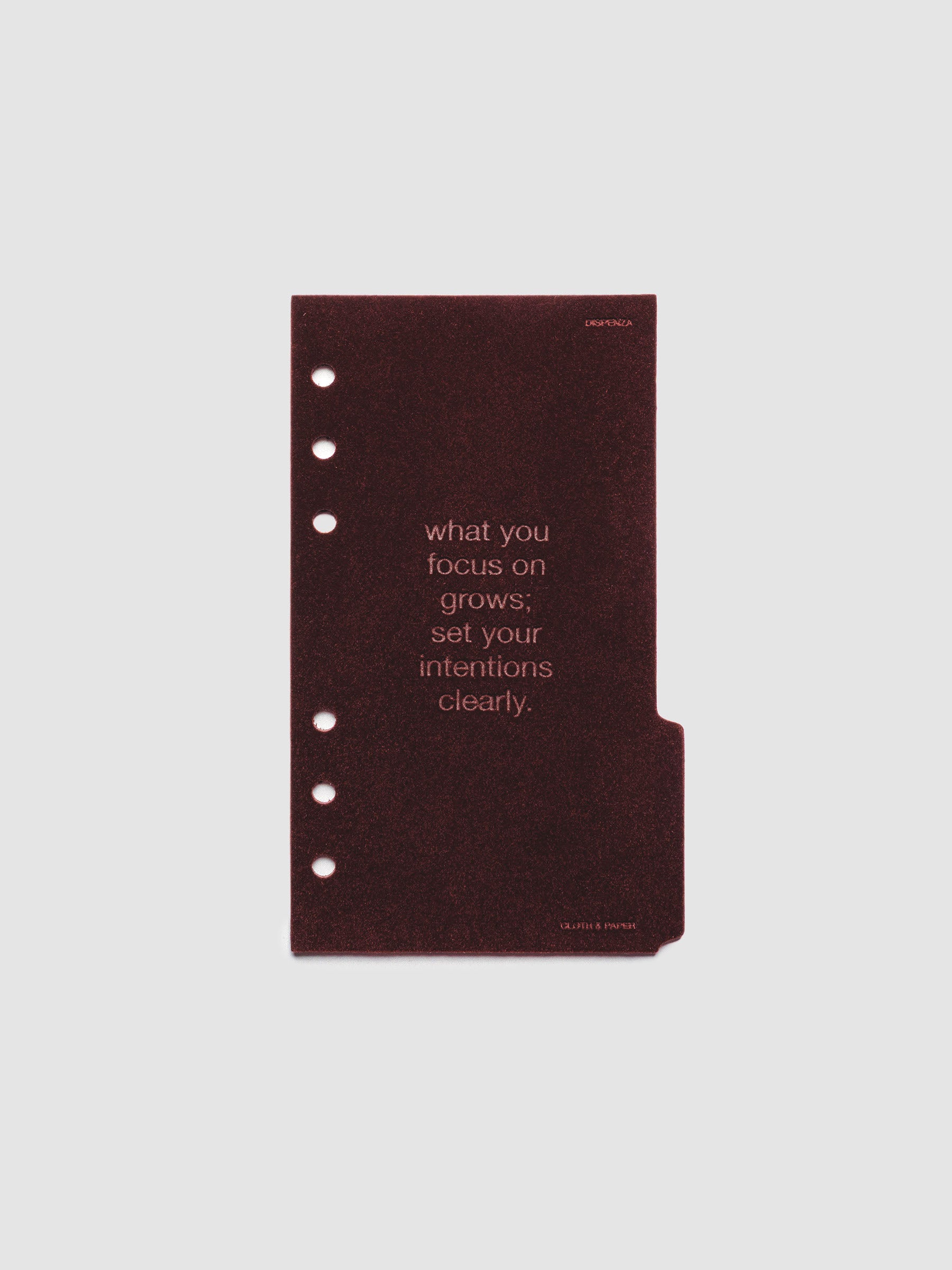 Third velvet side tab planners dividers in the color Bordeaux with text deboss design reading "what you focus on grows; set your intentions clearly" in size Personal.