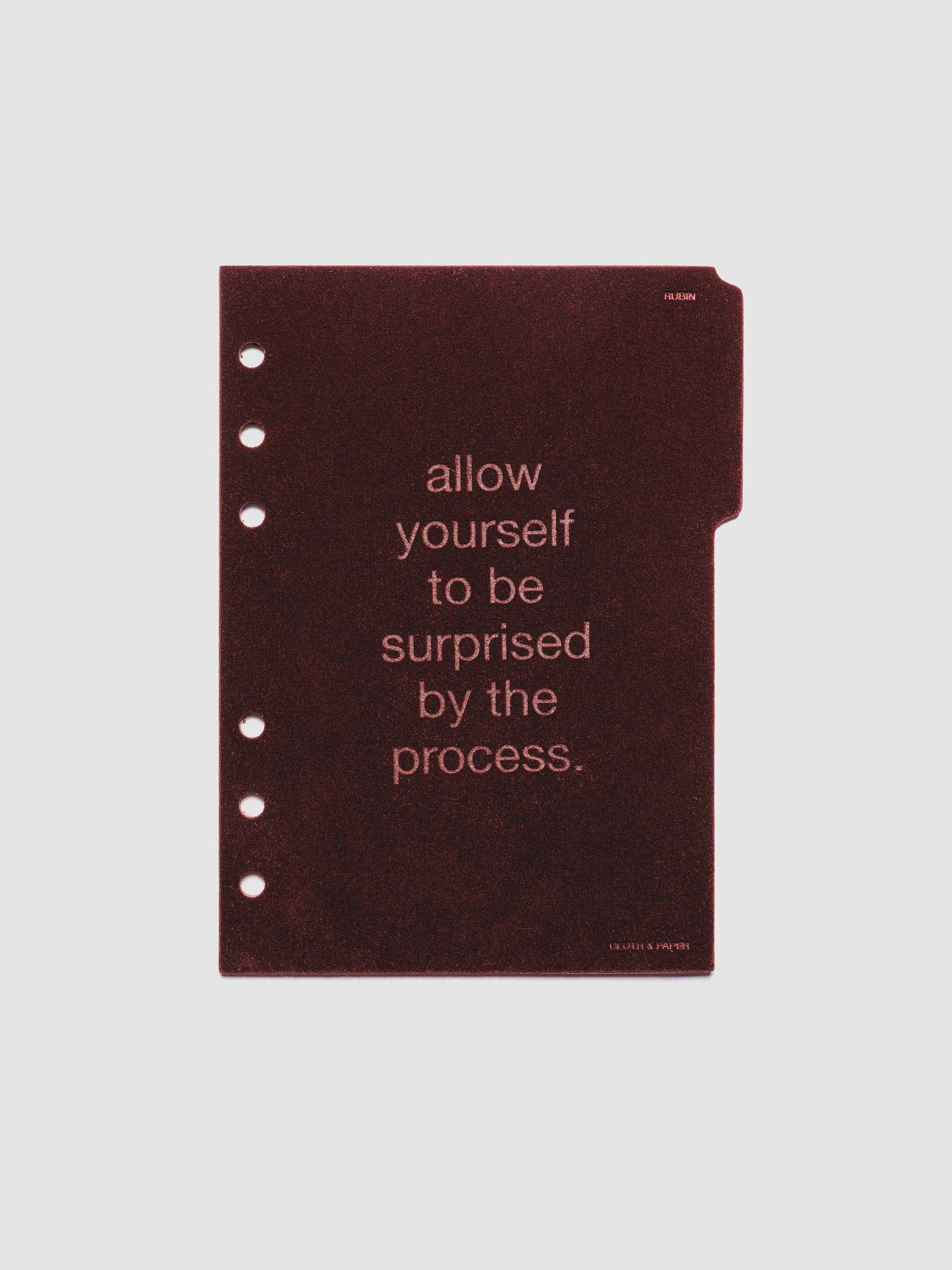 First velvet side tab planners dividers in the color Bordeaux with text deboss design reading "allow yourself to be surprised by the process" in size Personal Wide.
