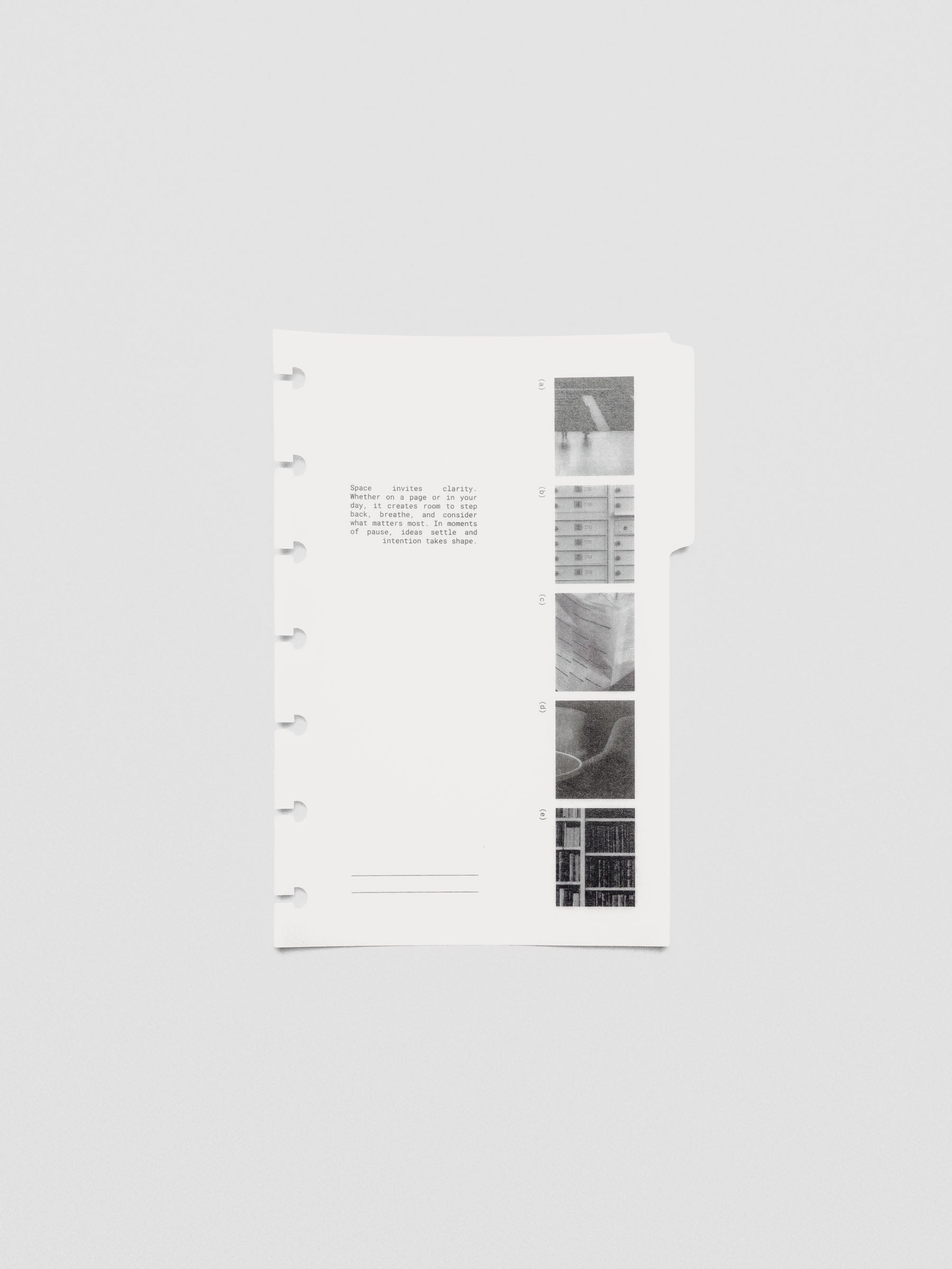 Front view of an Editorial Vellum Divider showing minimal text design printed in black on translucent vellum.