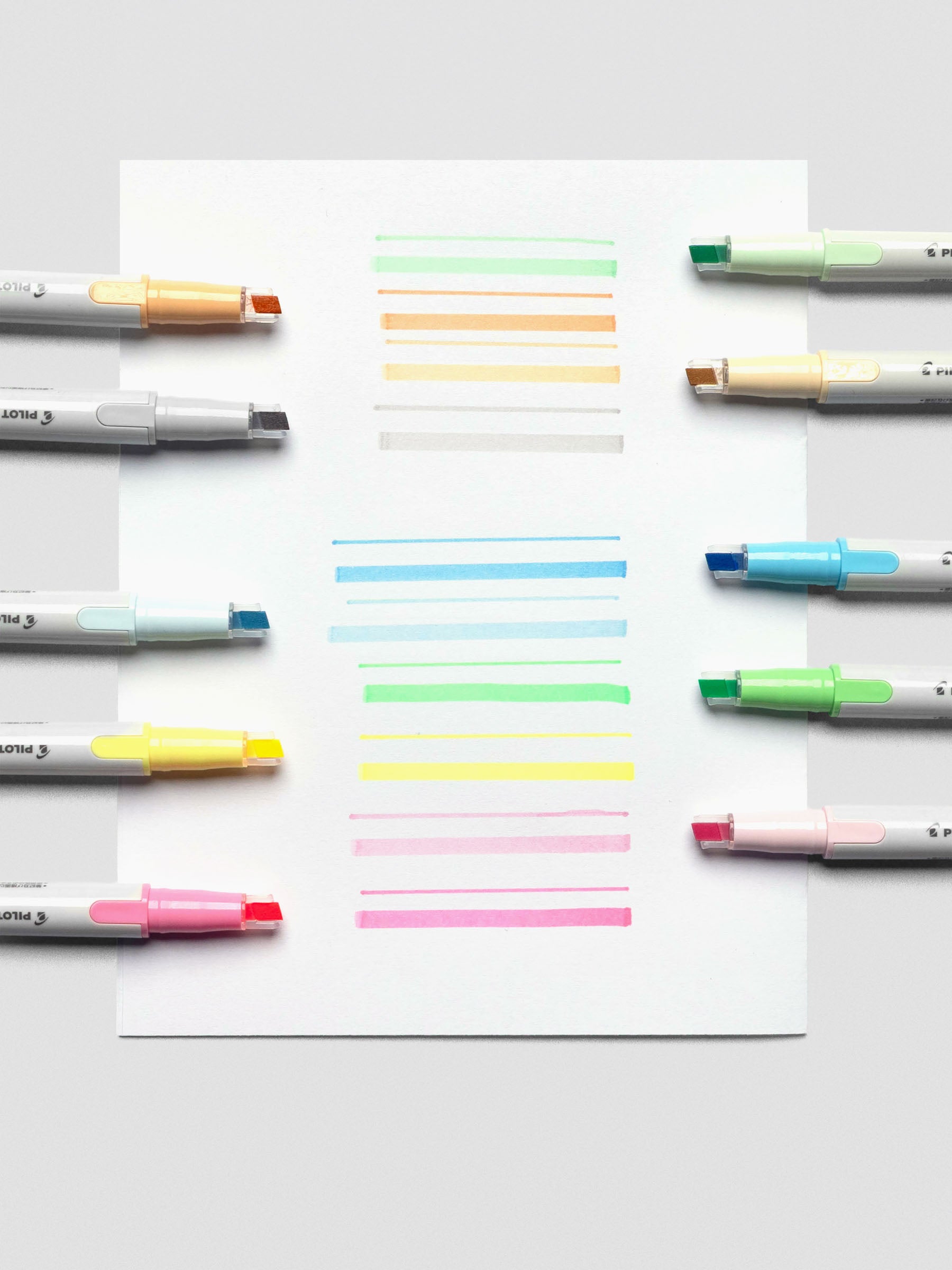 Set of six Pilot Kire-Na highlighters in Warm Grey, Blue, Green, Yellow, Orange, and Pink.