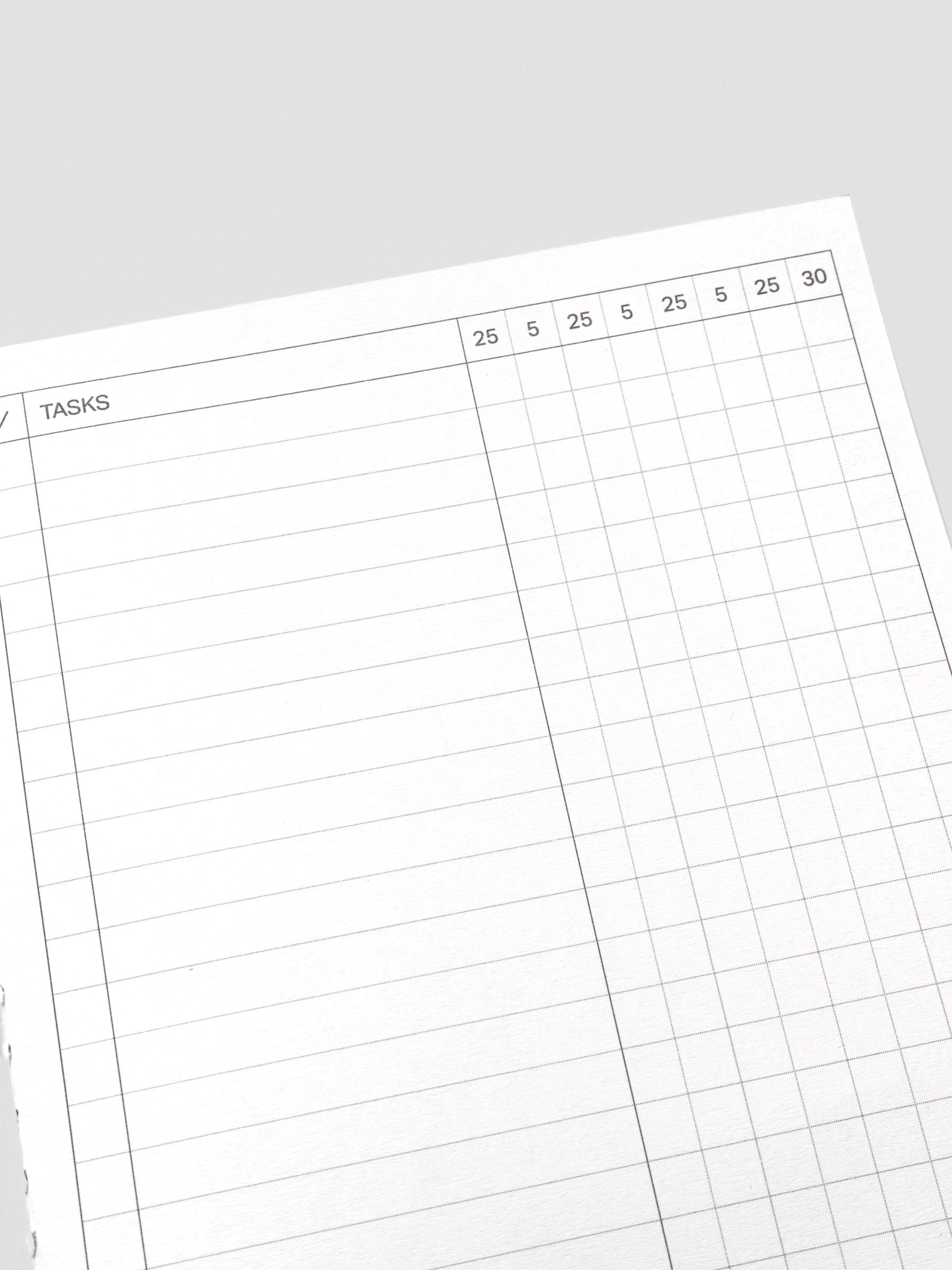 Close-up of Pomodoro Method notebook pages with Pomodoro time boxes.