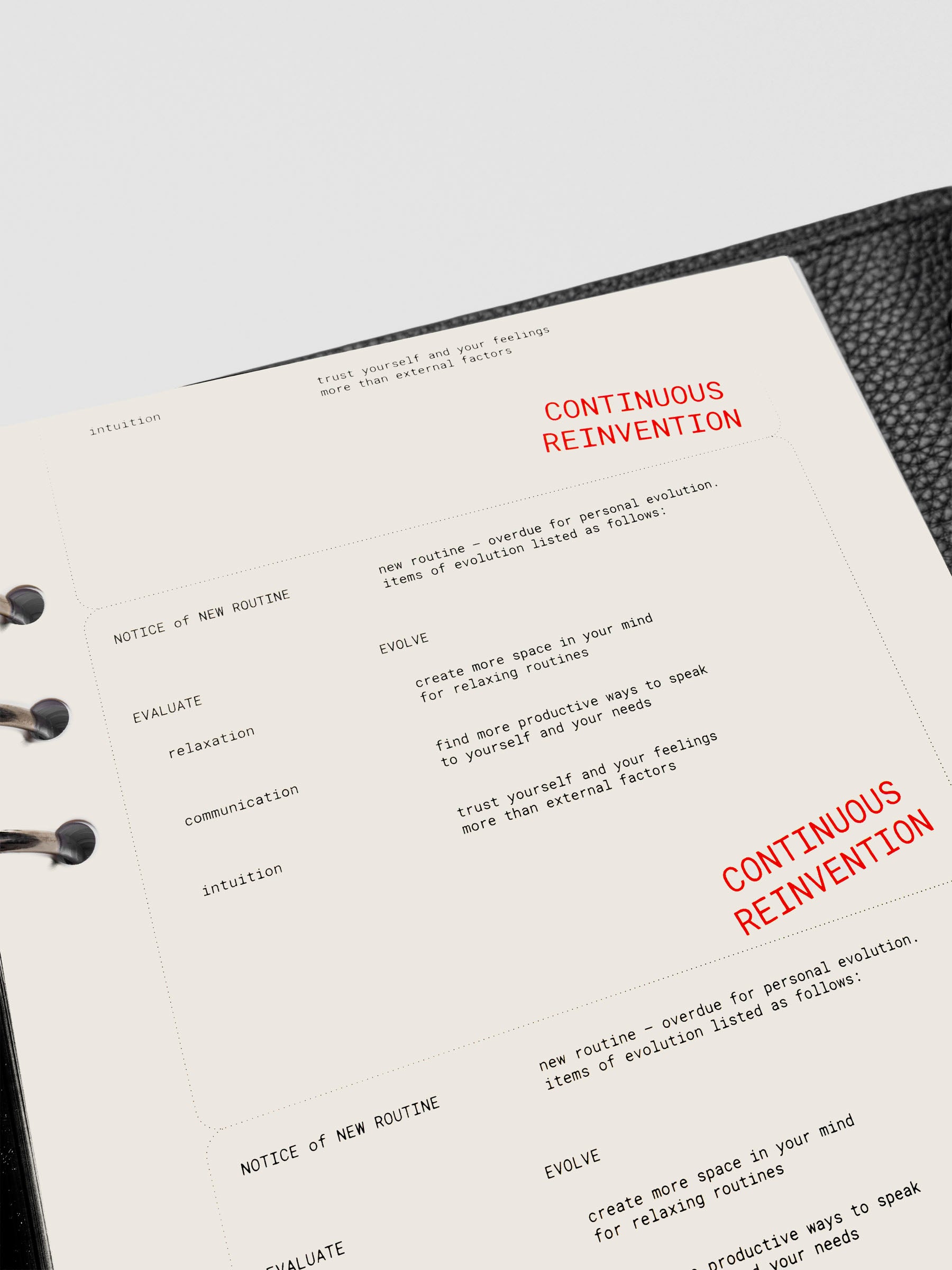 A5 Reinvention Dashboard angled view, highlighting the printed text design on translucent vellum.