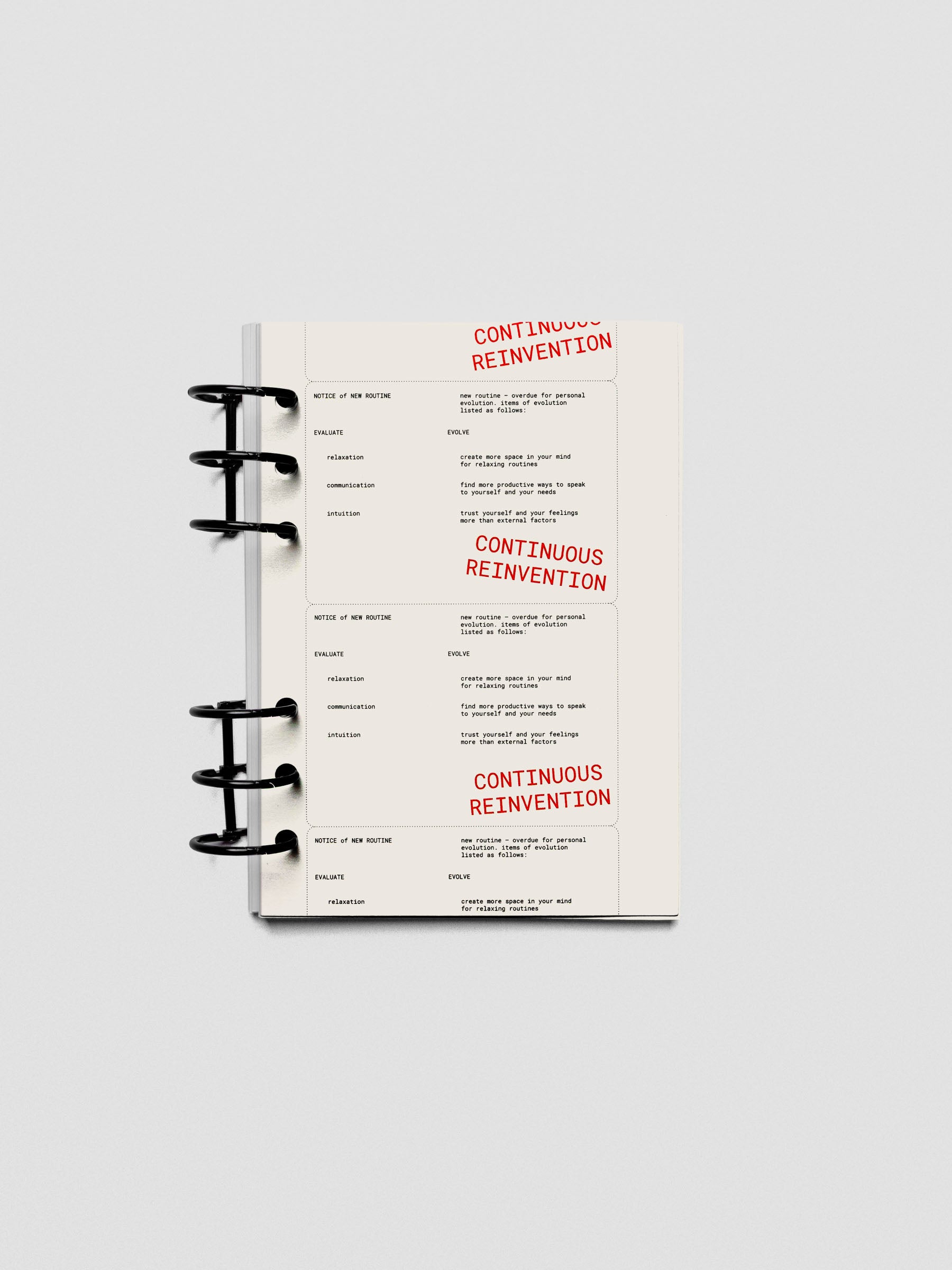 Personal Wide Reinvention Dashboard inside a planner with layered inserts.