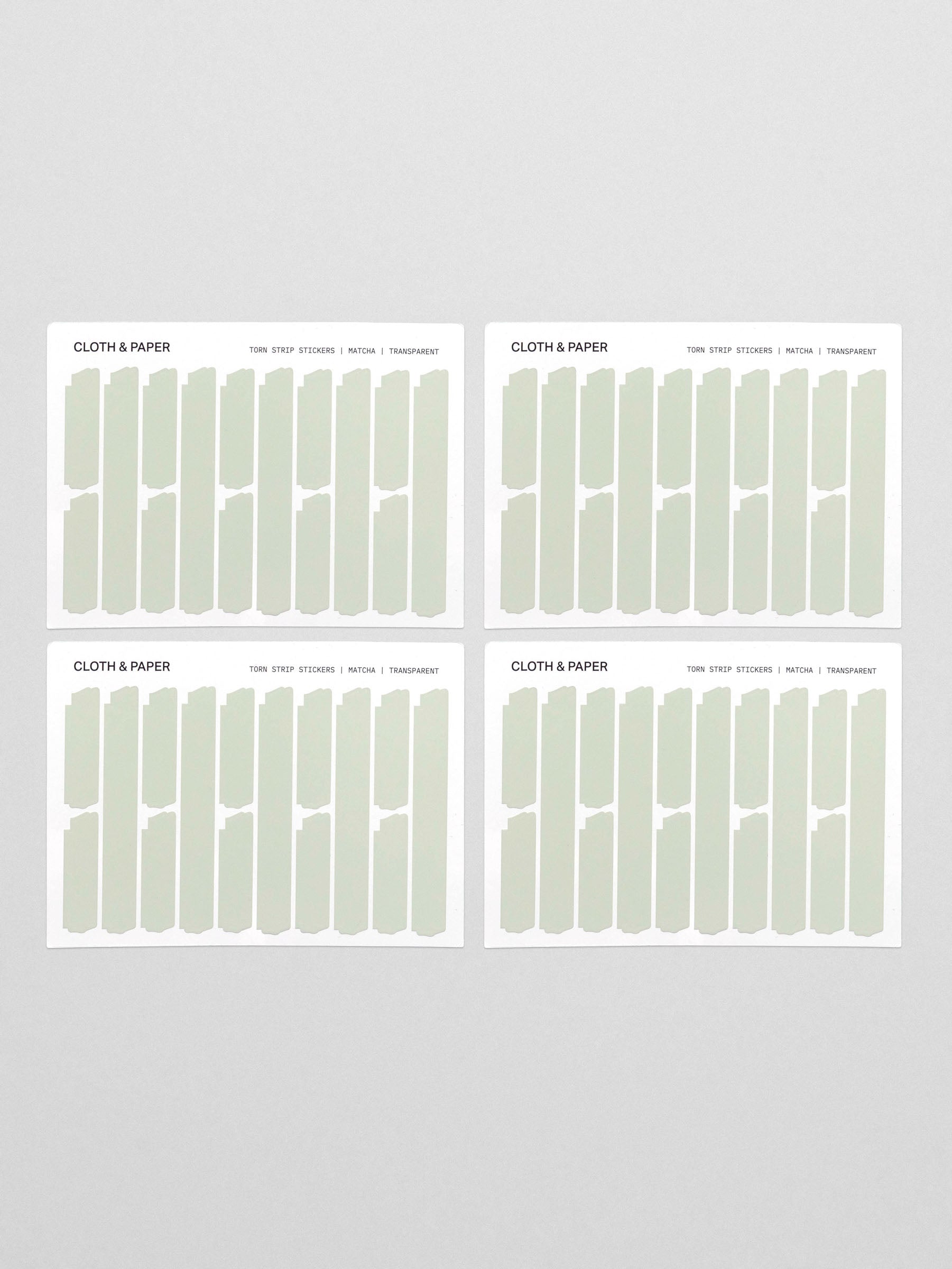 Four sheets of Confidential Collection torn strip stickers in matcha green on white background.