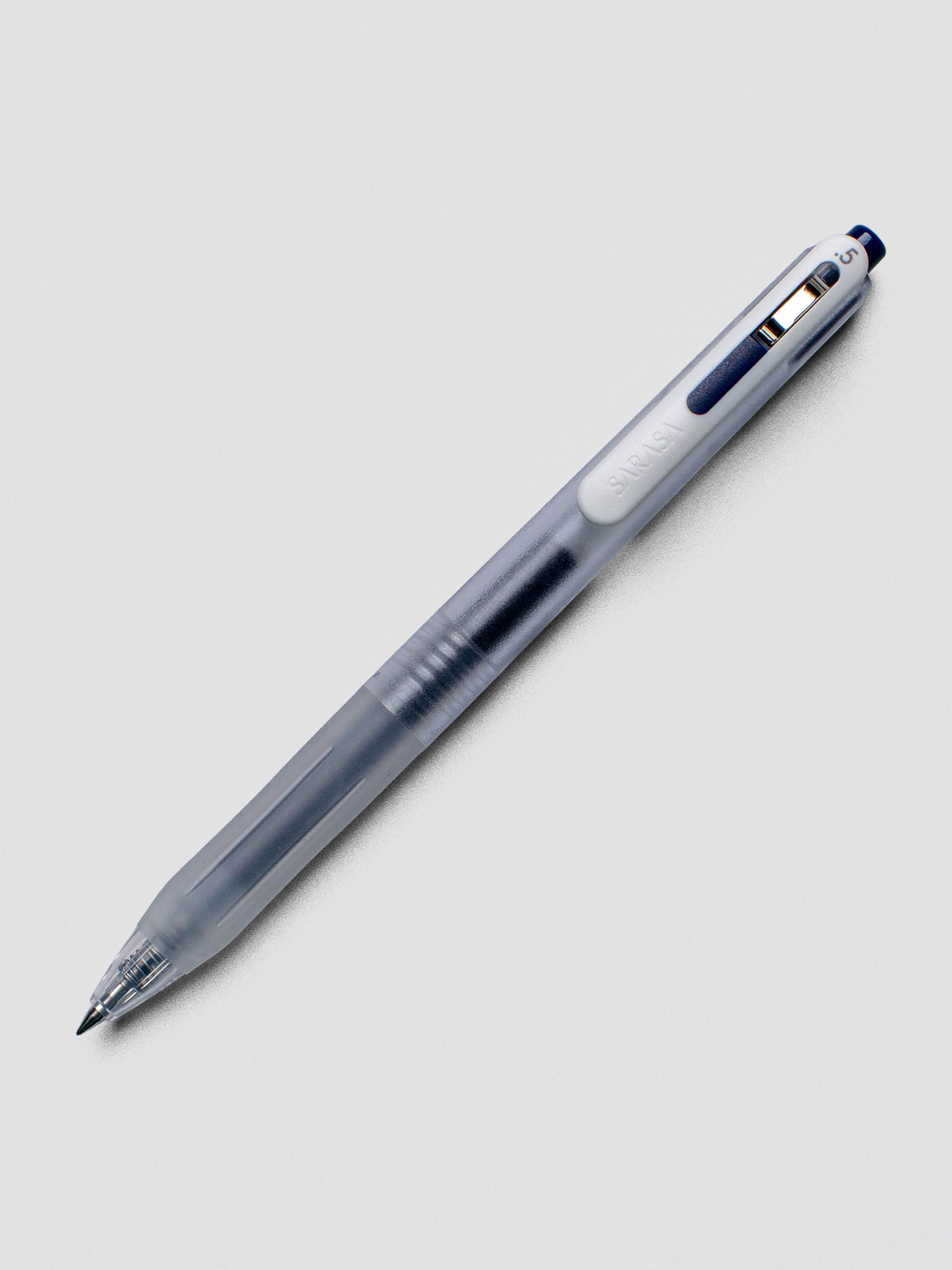 Zebra Sarasa Chill gel pen in Clear Dark Blue with clear barrel and dark blue accents on white background.