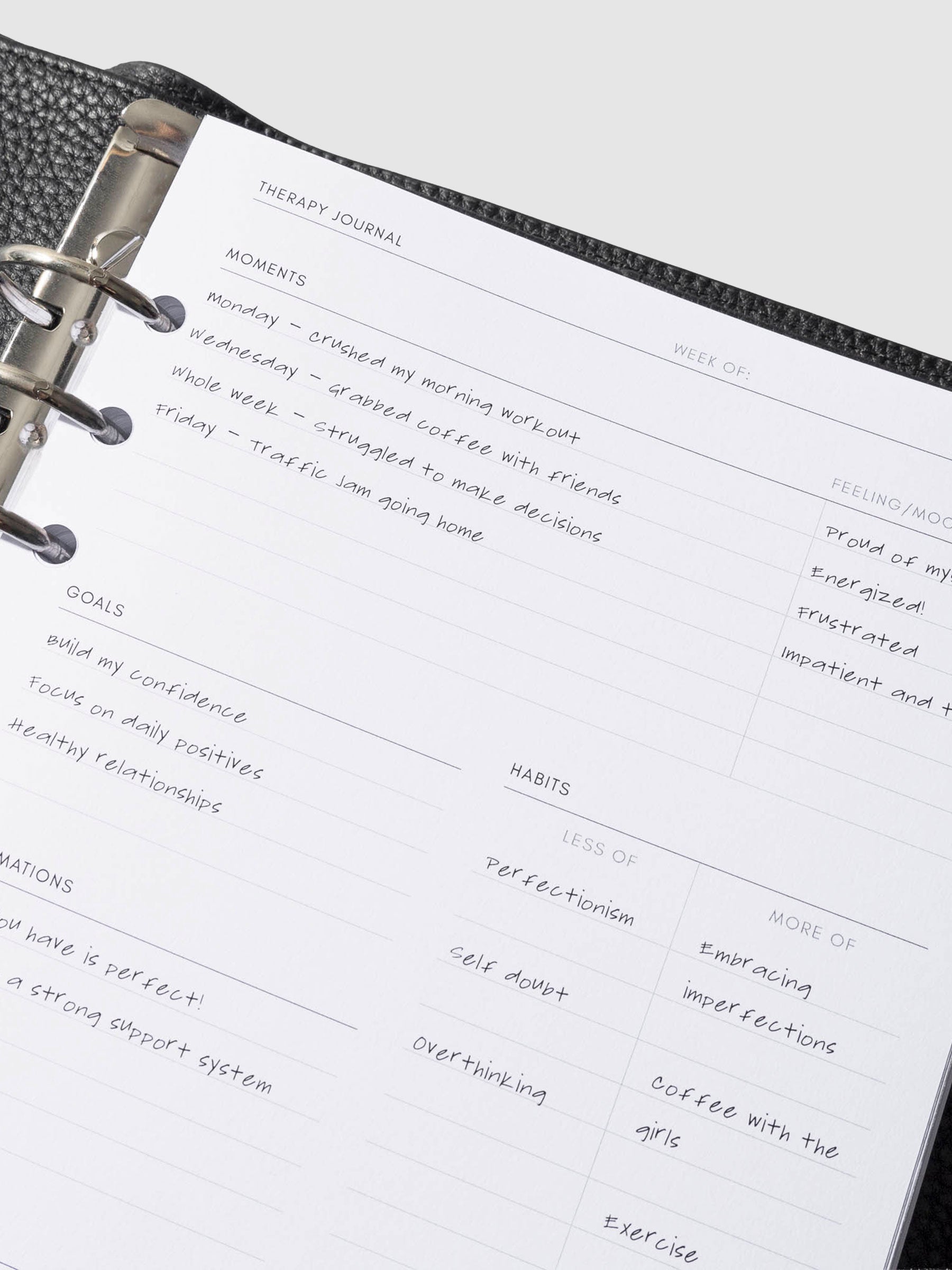 Insert shown in use inside a black leather agenda. Size shown is A5.