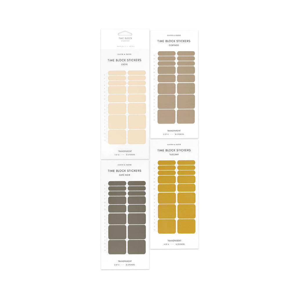 Time Block Sticker Set, Vol 3. Four colors of time block stickers - a pale peach, light brown, dark brownish grey, and dark yellow - are arranged together on a white background.