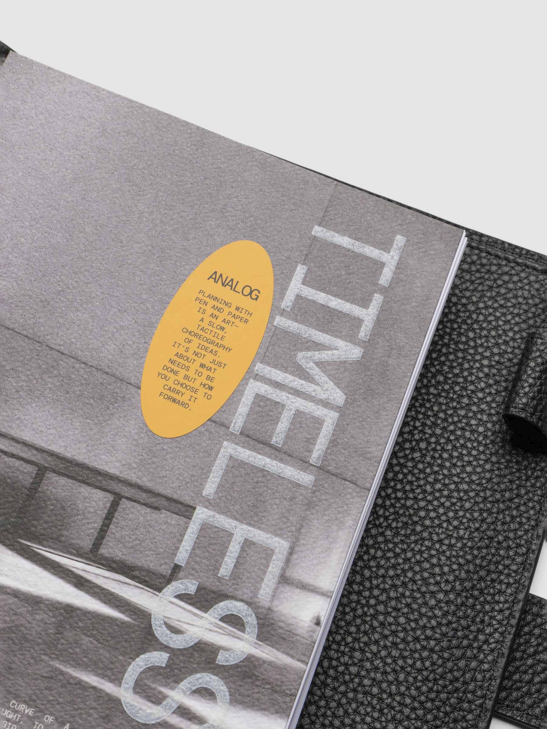 Closeup of dashboard inside a leather planner.