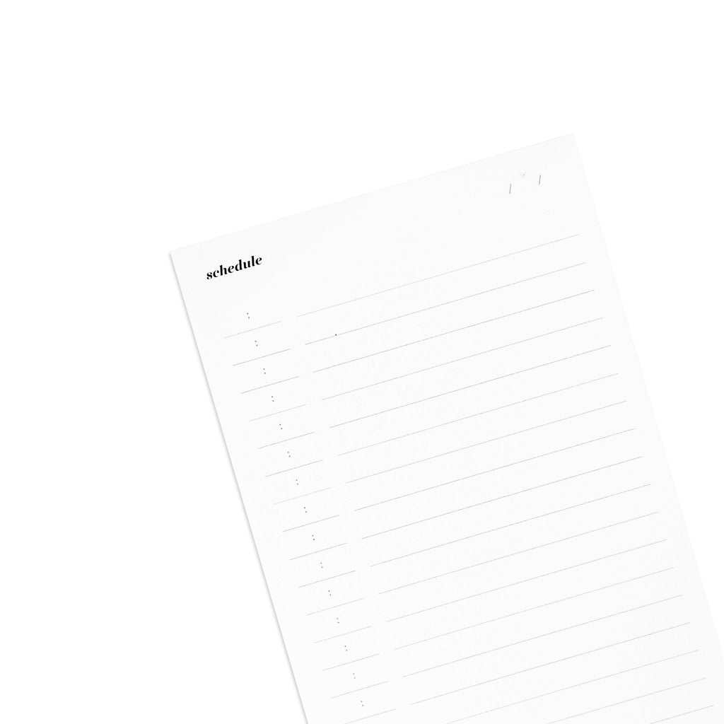 Closeup of notepad header and blank fields.