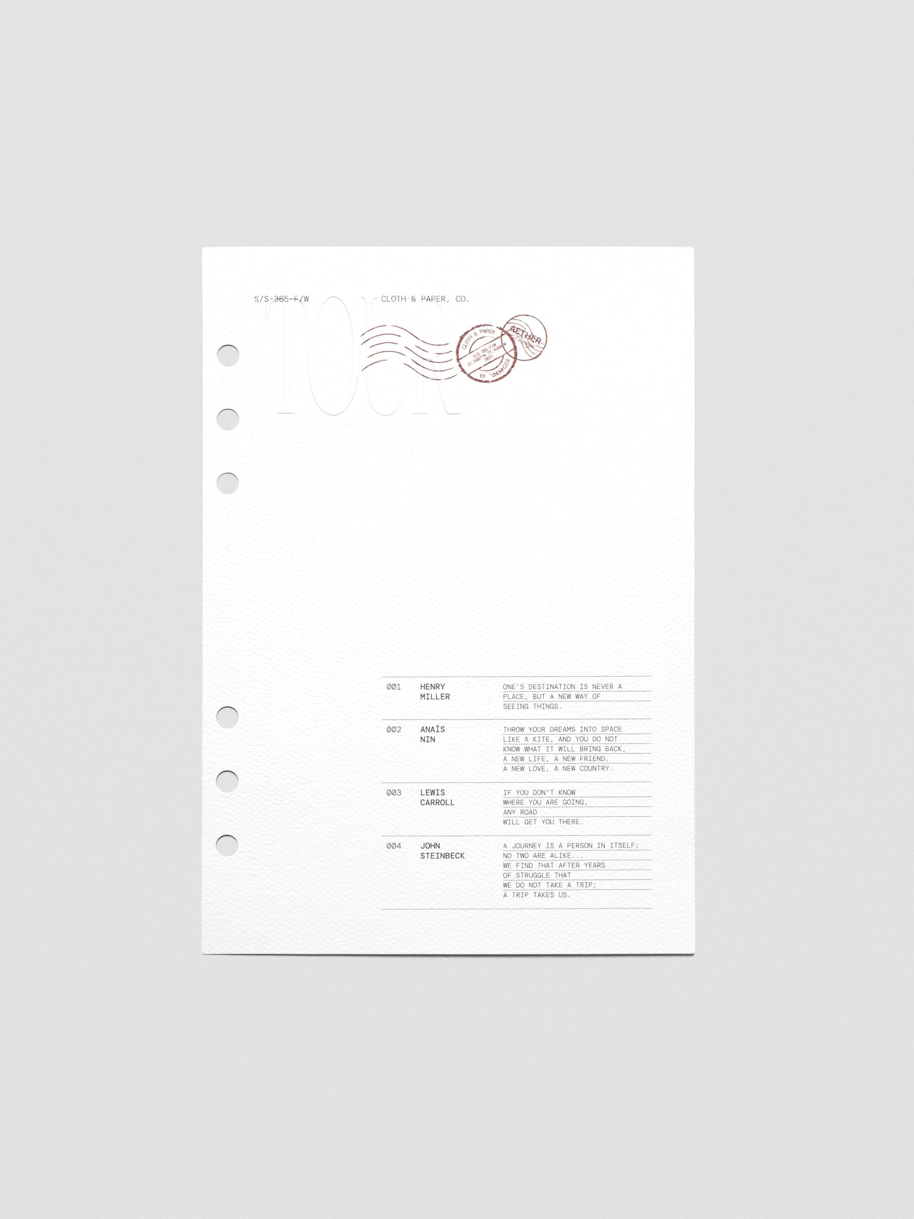 Tour Dashboard A5 with embossed TOUR in Bordeaux and black text on white background.