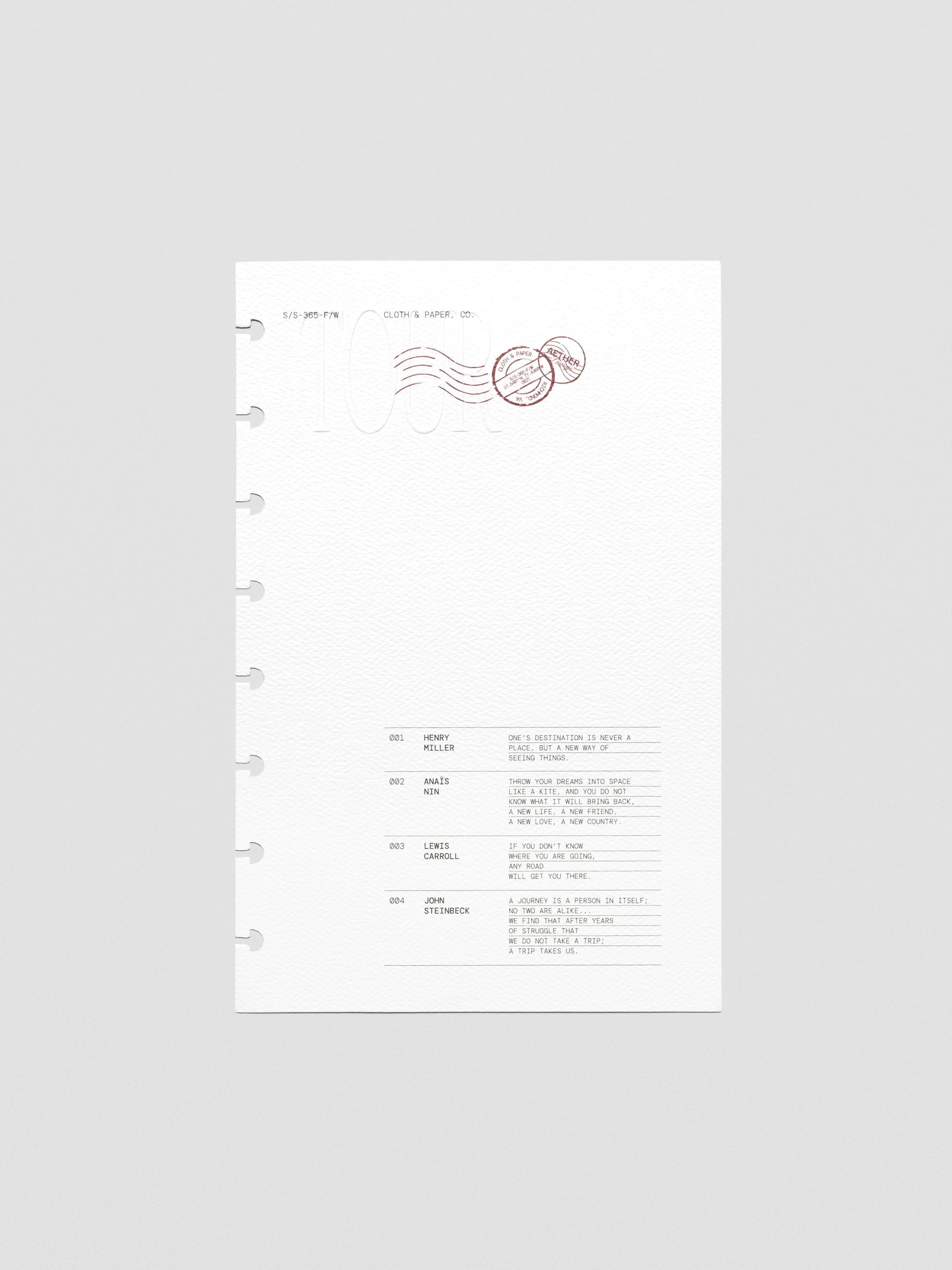 Tour Dashboard Half Letter with TOUR in Bordeaux and inspirational quotes on white.