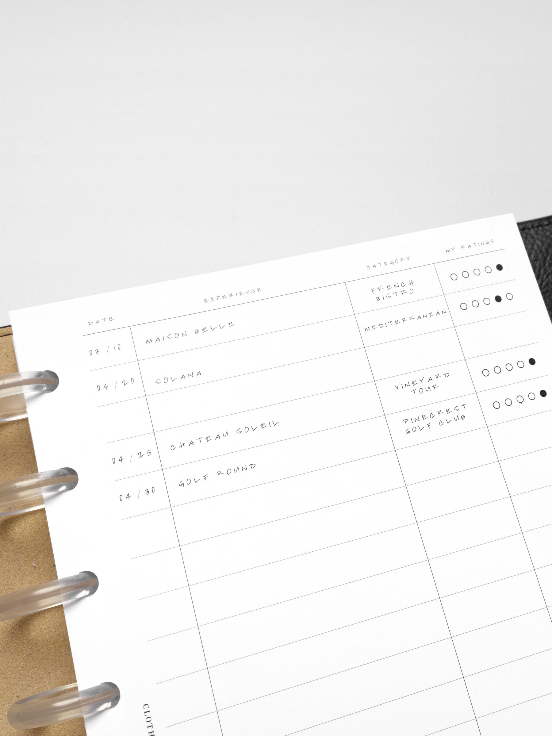 Close-up of the Half Letter-sized Tracker Planner Insert with handwritten experiences, categories, and ratings.