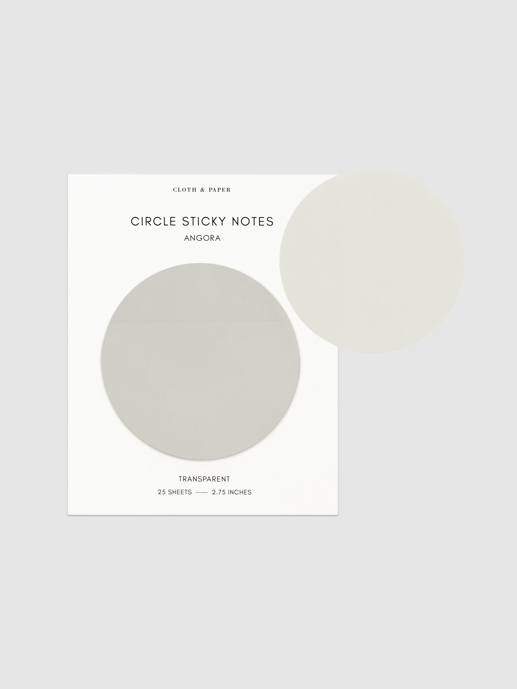Transparent Circle Sticky Notes displayed on a neutral backround. Color shown is Angora.