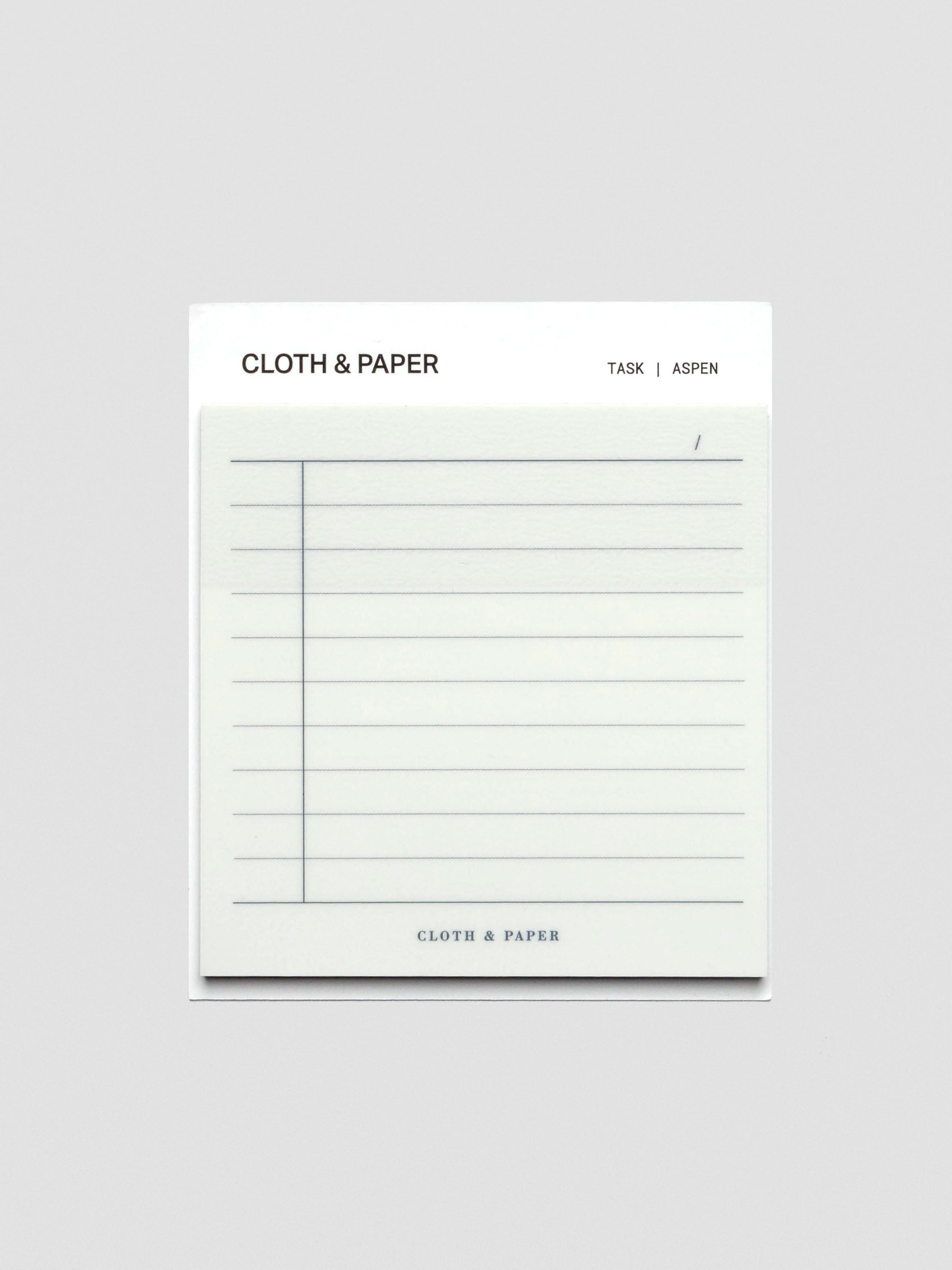 A single transparent sticky note pad with lined layout, task column, and space for date and title, packaged with Cloth & Paper branding.