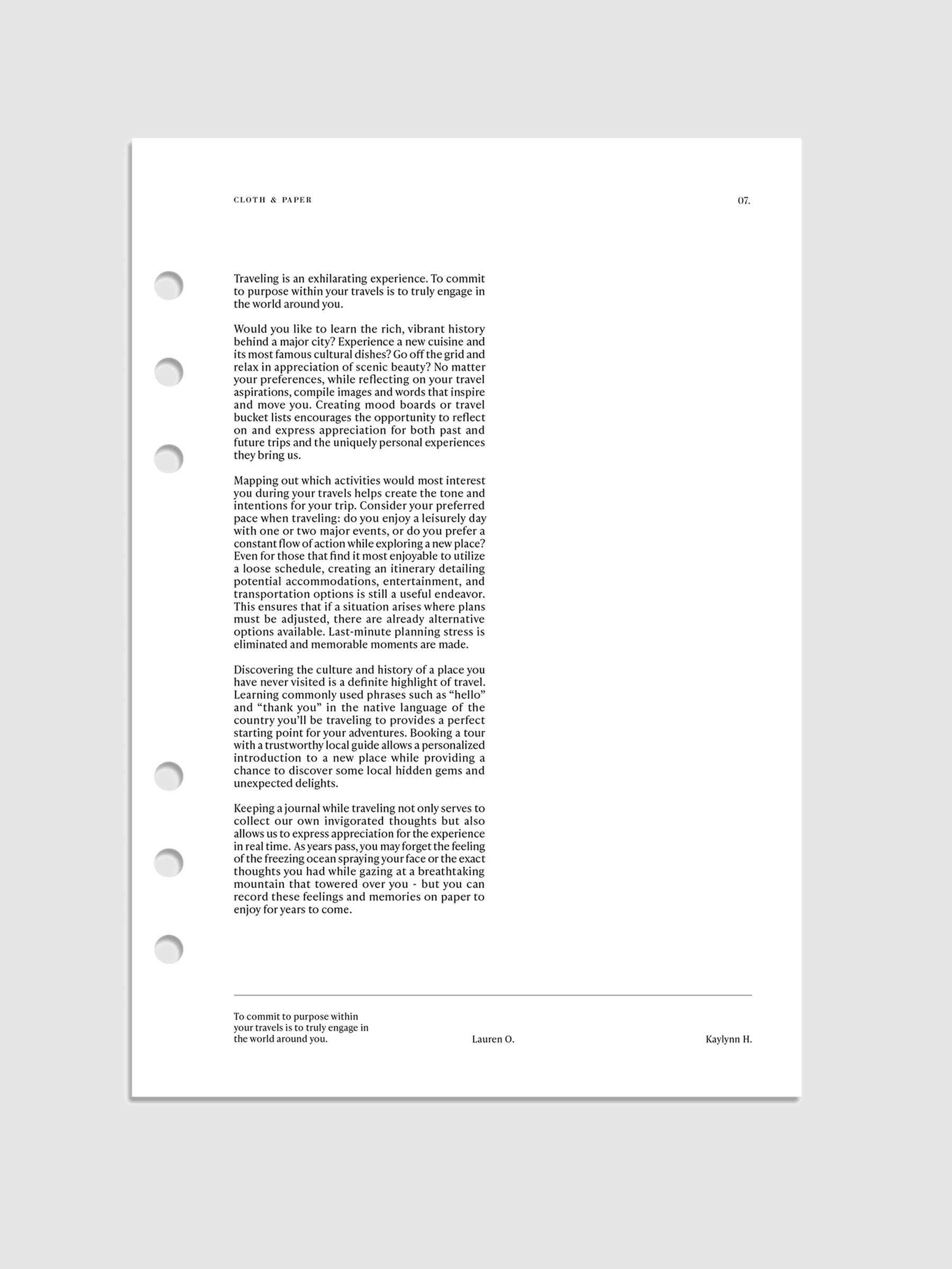 Travel Planner Dashboard, Cloth and Paper. Digital mockup of dashboard in A5 sizing.